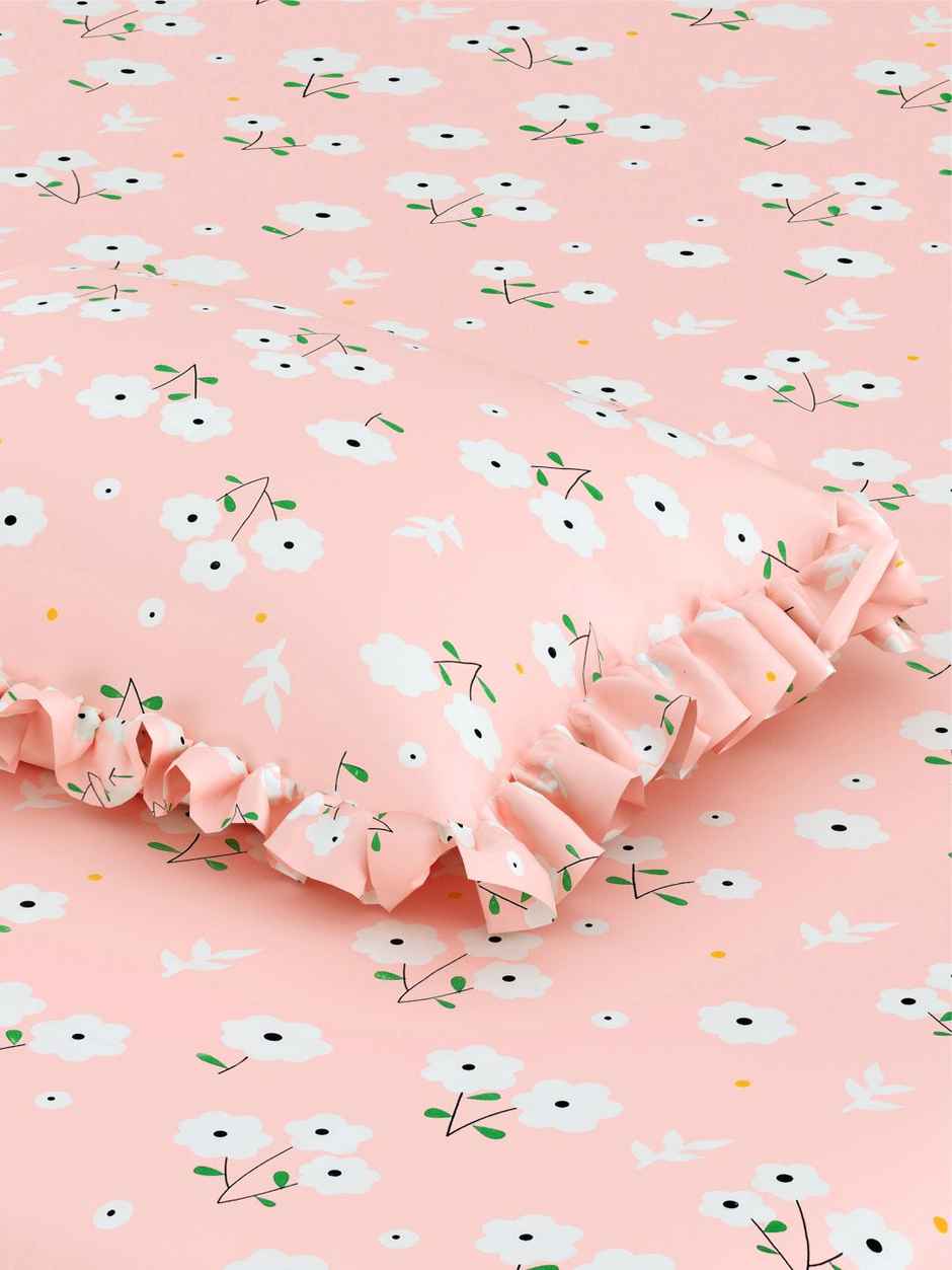 DREAM WEAVERZ Elastic Fitted Double Bedsheet | 2 Frill Pillow Covers | Polycotton | Baby Pink