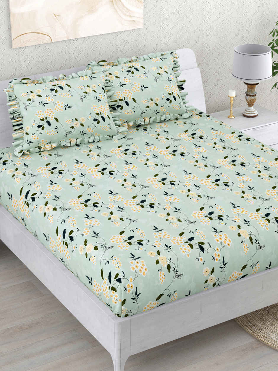 DREAM WEAVERZ Elastic Fitted Double Bedsheet | 2 Frill Pillow Covers | Polycotton | Light Green
