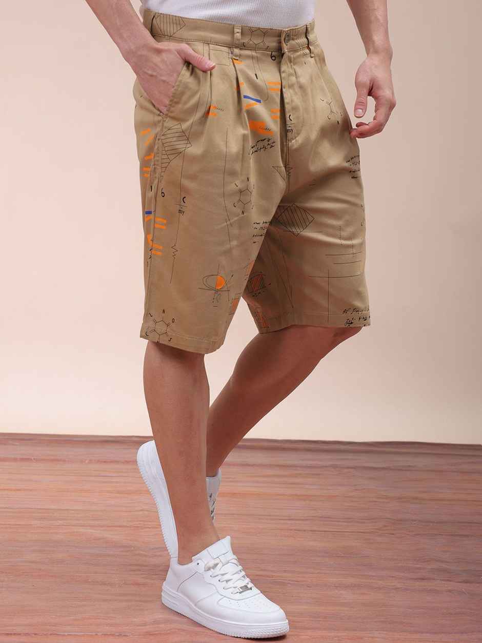 The Indian Garage Co Men s | Relaxed Fit Face Print Casual Pleated Shorts | Beige | 30