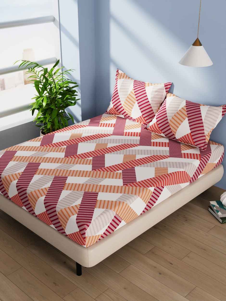 Bianca Cotton Double Bedsheet With 2 Pillow Covers 3pc Set | Serina Geometric - Rust/Multi