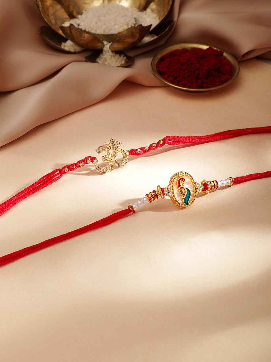 Rubans Gold Toned Set Of 2 Om And Peacock Motif Stone Studded Rakhi - Elegant and Protective