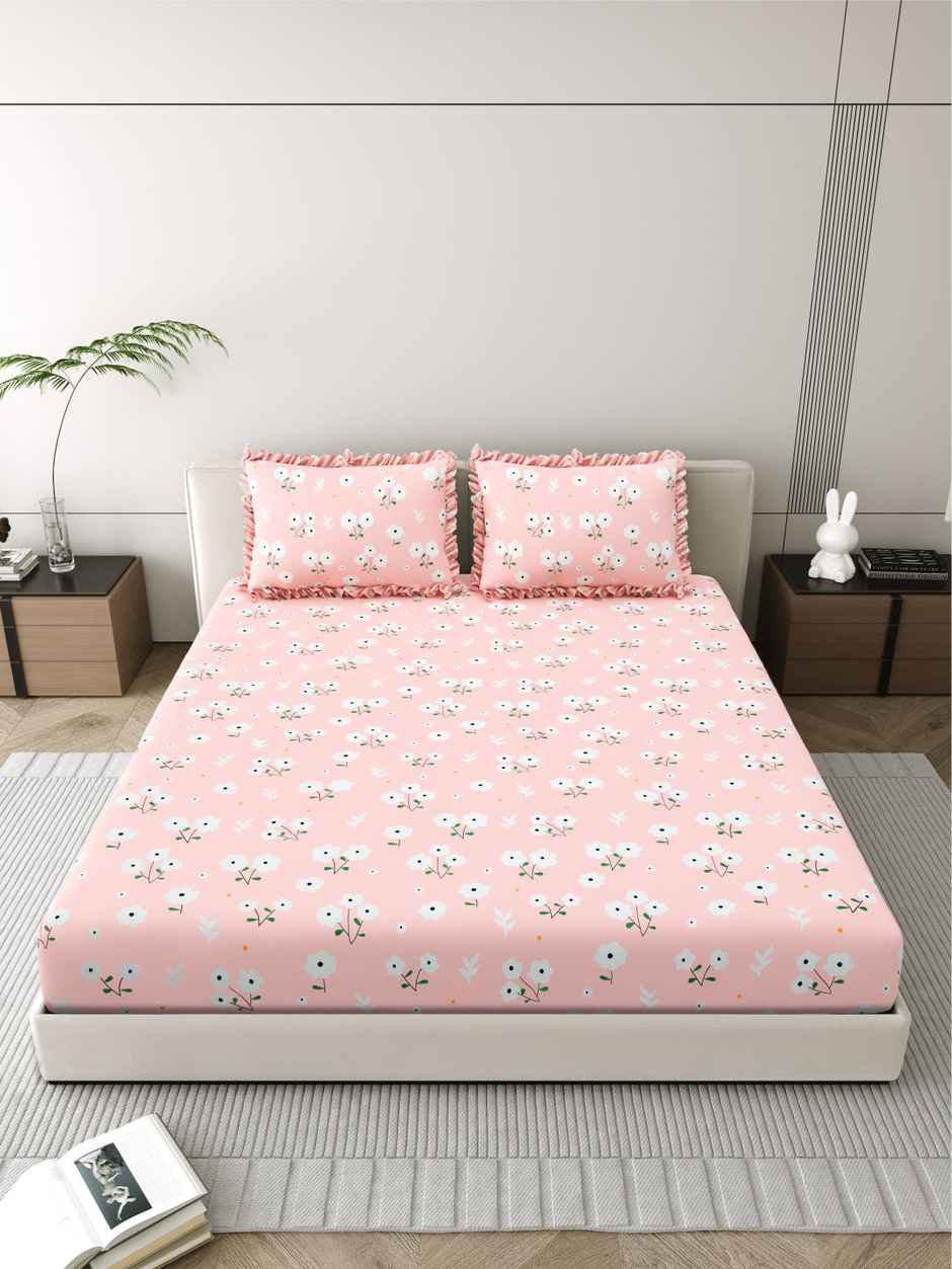 DREAM WEAVERZ Elastic Fitted Double Bedsheet | 2 Frill Pillow Covers | Polycotton | Baby Pink