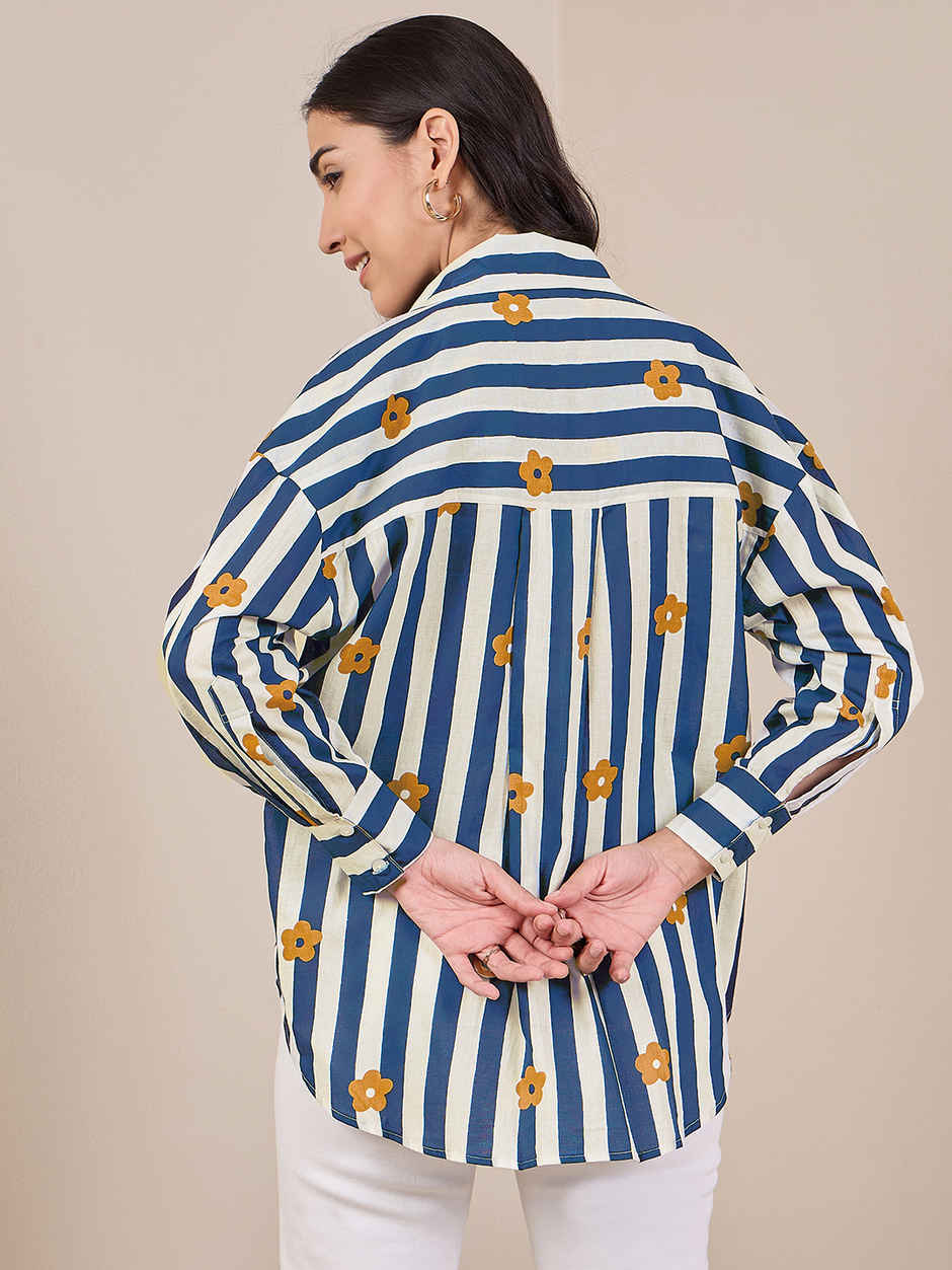 Uptownie Women's Printed Asymmetrical Cotton Shirt | Navy Blue - XL