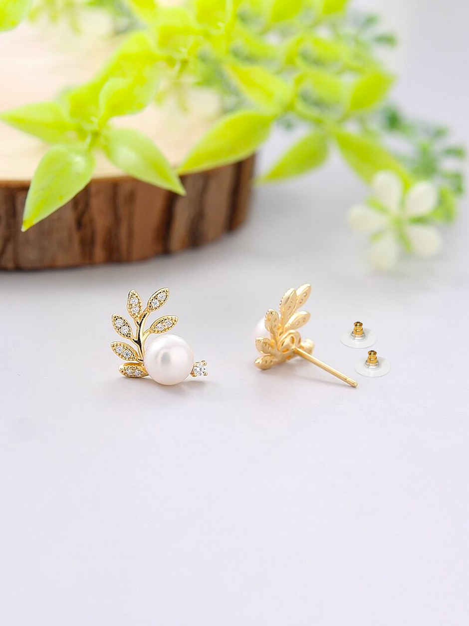 Yellow Chimes Gold Tone Leaflet Designed Pearl Studded Earrings for Women