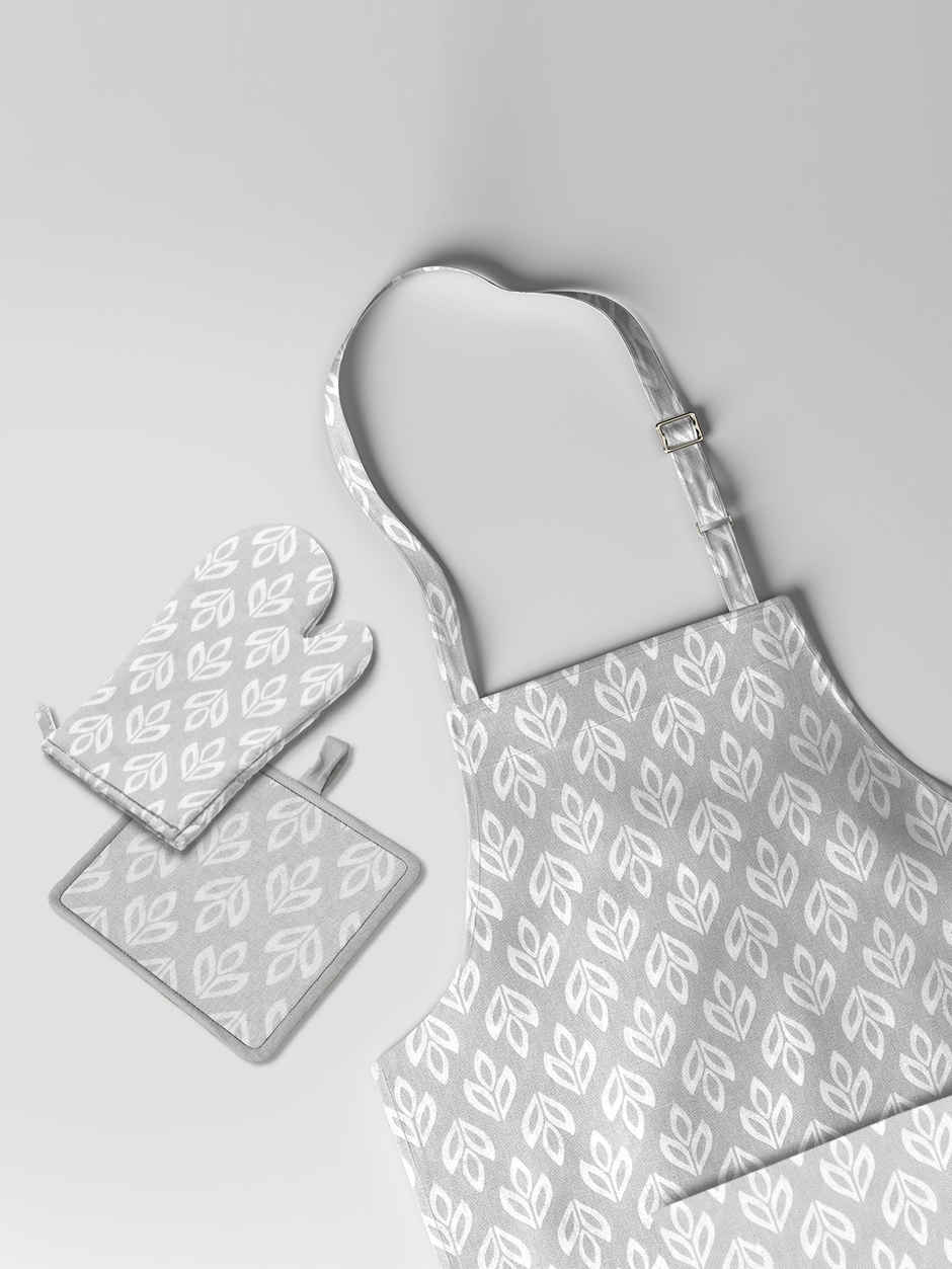 Bianca Premium Printed Cotton Apron, Oven Mitt, Pot Holder Set | Florence Floral | Light Grey