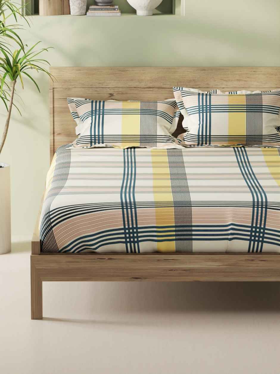 Bianca 100% Natural Cotton XL King Fitted Bedsheet 3pc Set with 2 Pillow Covers Stripe Yellow/Teal