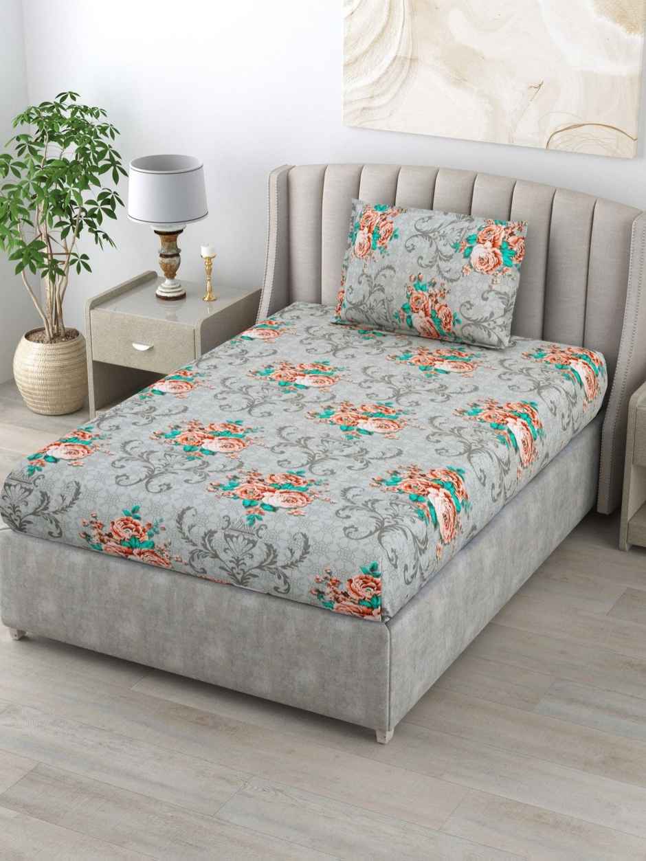 Bombay Dyeing Dream Lover 104 TC 100% Cotton Grey Single Size Bedsheet with 1 Pillow Cover