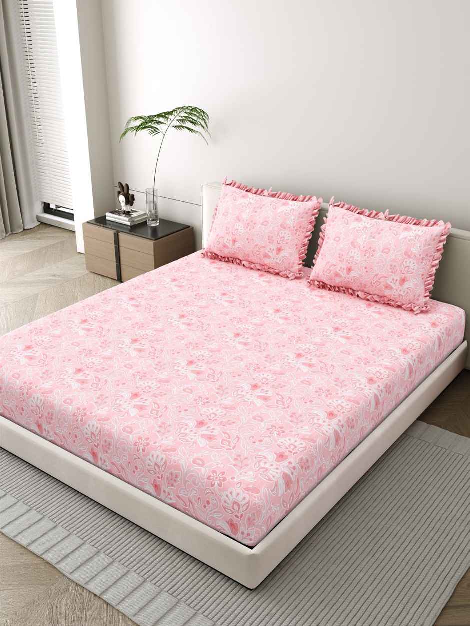 DREAM WEAVERZ Elastic Fitted Double Bedsheet | 2 Frill Pillow Covers | Polycotton | Pink