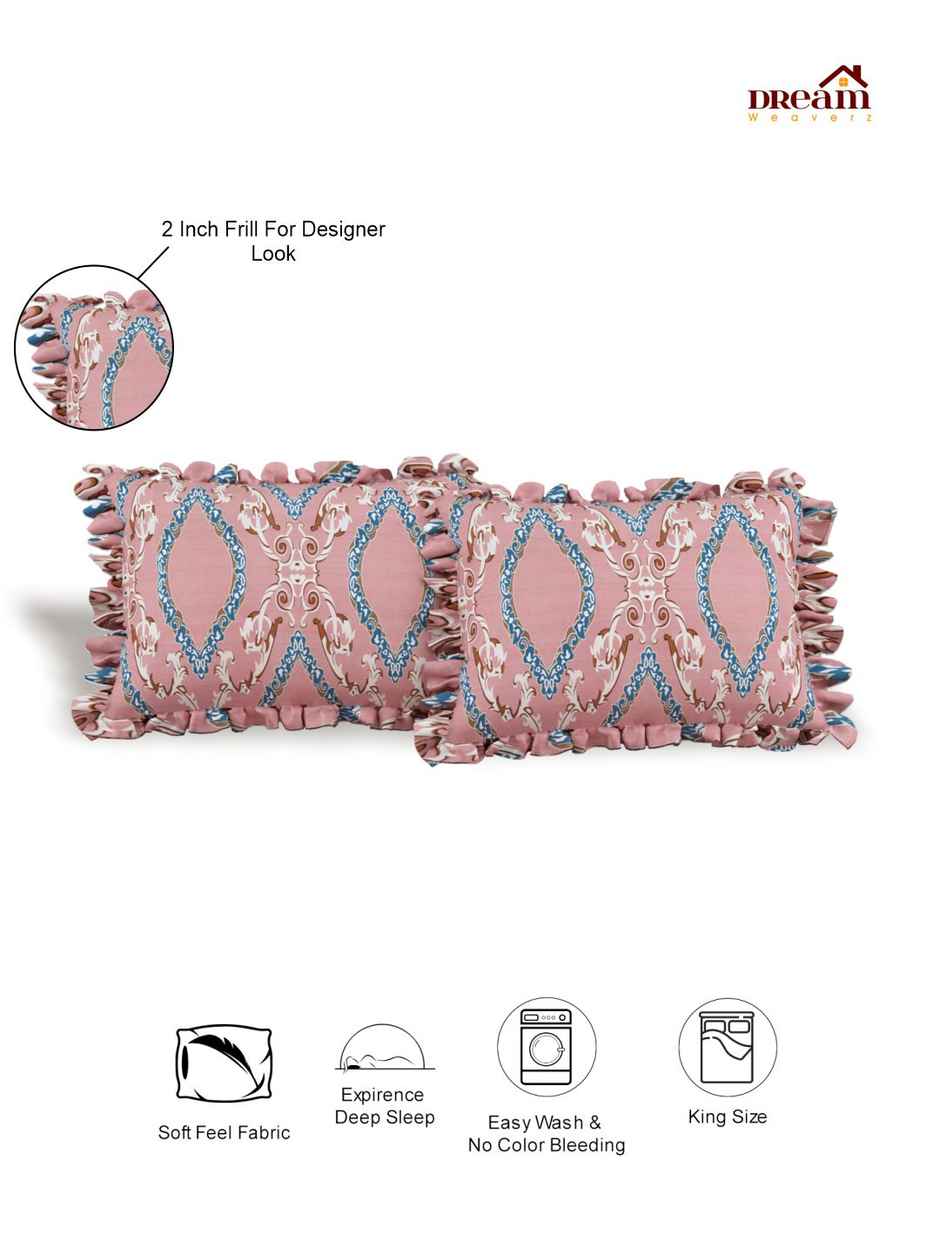 DREAM WEAVERZ Elastic Fitted Double Bedsheet | 2 Frill Pillow Covers | Polycotton | Pink