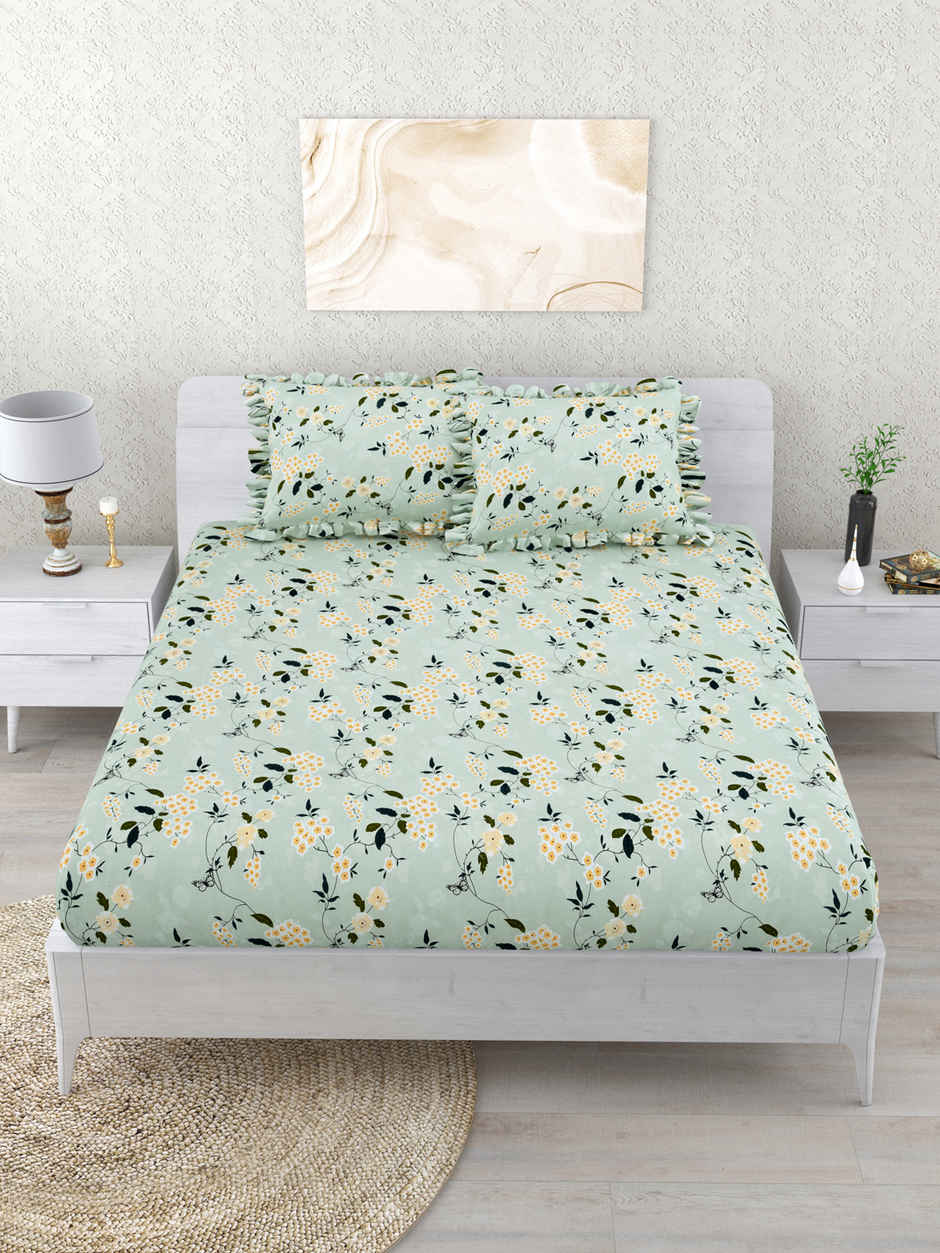 DREAM WEAVERZ Elastic Fitted Double Bedsheet | 2 Frill Pillow Covers | Polycotton | Light Green