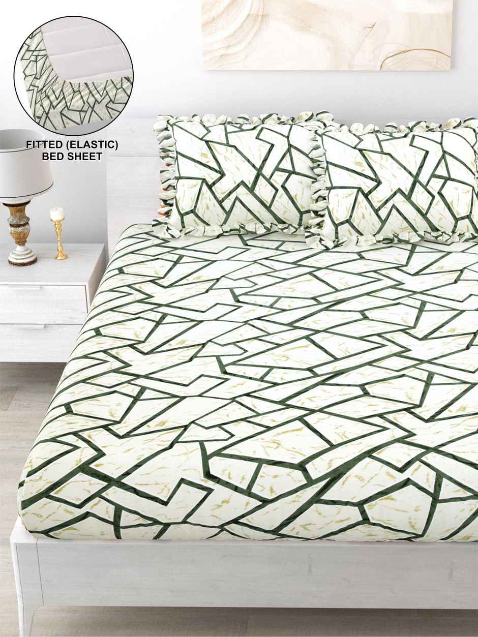 DREAM WEAVERZ Elastic Fitted Double Bedsheet | 2 Frill Pillow Covers | Polycotton | Cream Yellow