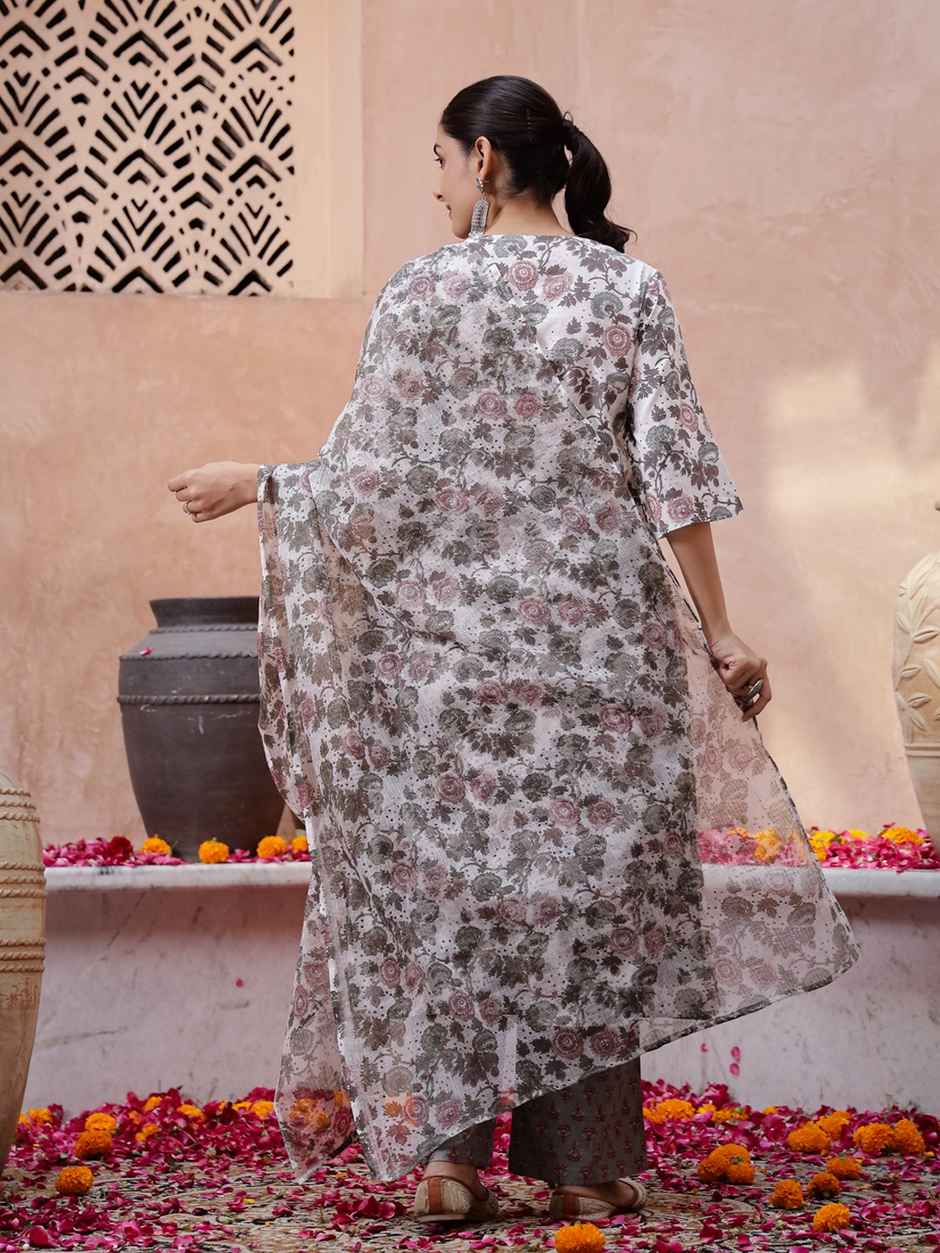 Rangdeep Floral Printed A-Line Pure Cotton Kurta with Trousers for Women s | Off White | XL
