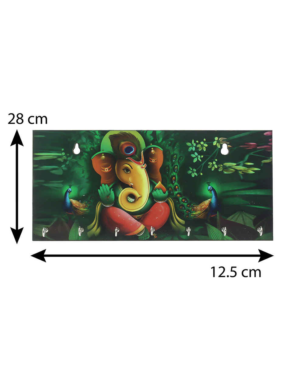 eCraftIndia Lord Ganesha With Peacock Designer Wooden Key Holder With 7 Hooks For Wall