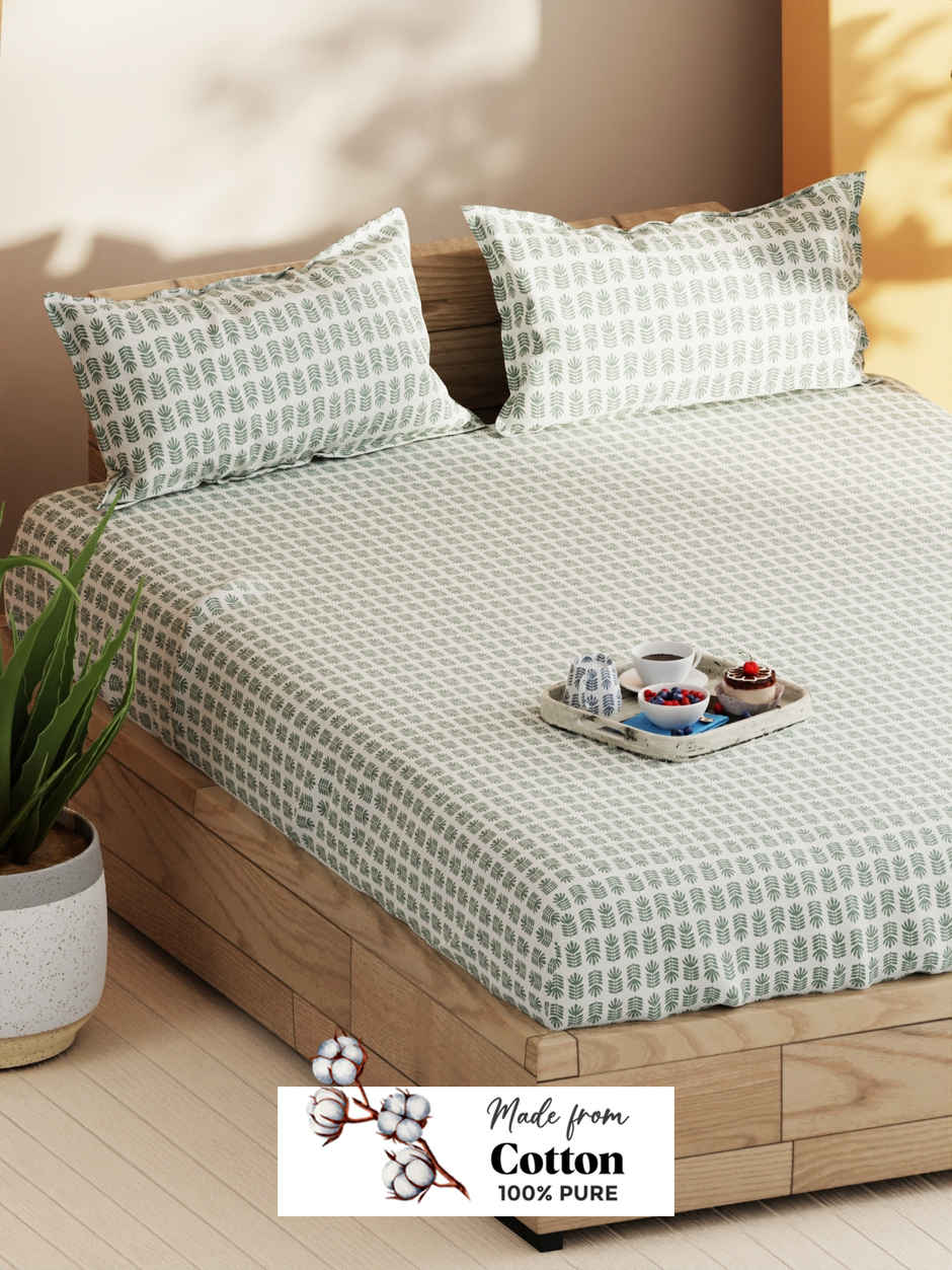 Bianca Soft 100% Natural Cotton Double Bedsheet With 2 Pillow Covers | Laquasa Floral | Green &Ecru
