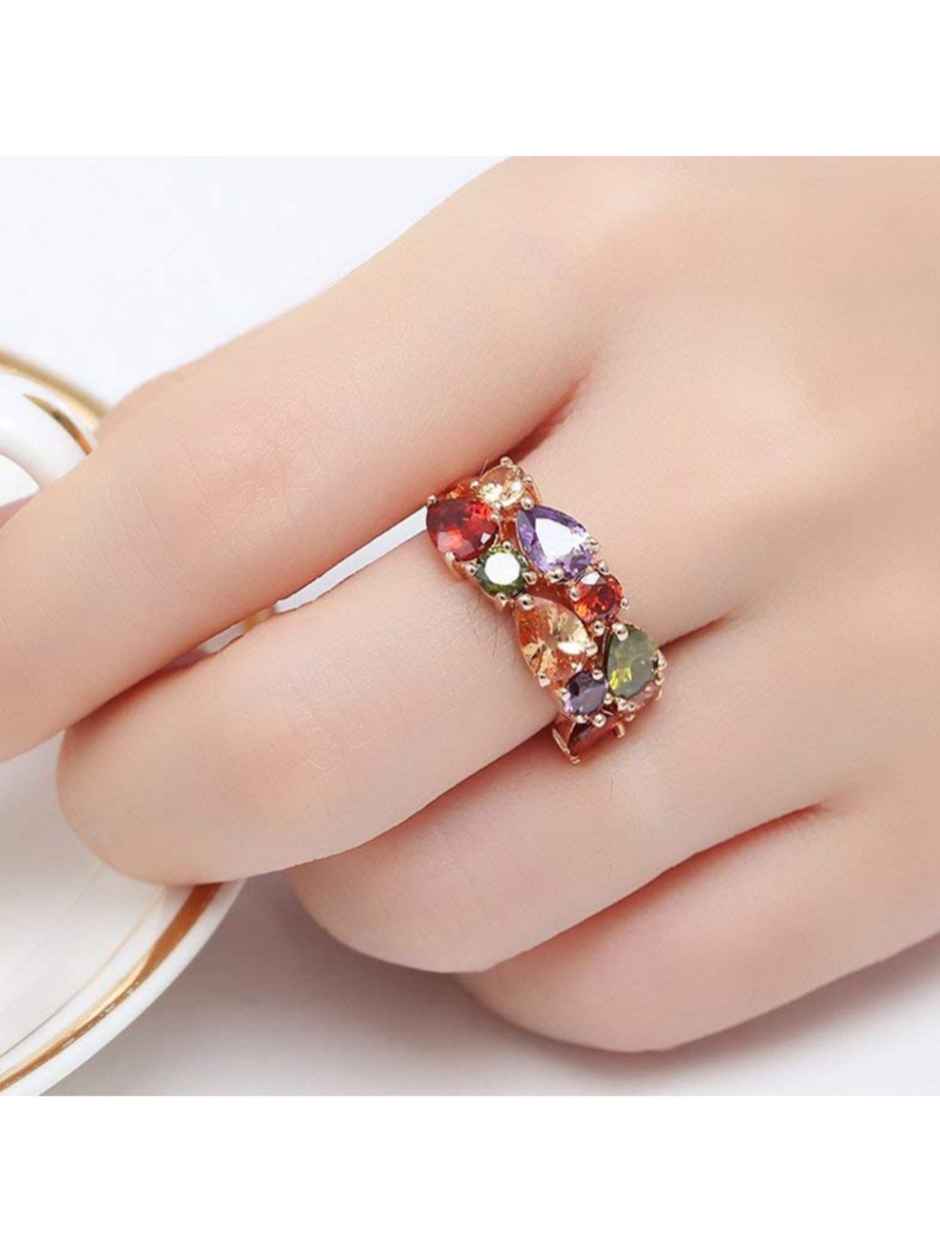 YouBella Rose Gold Plated Solitaire AAA Multicolor Crystal Ring for Women & Girls (YBRG - 20033)