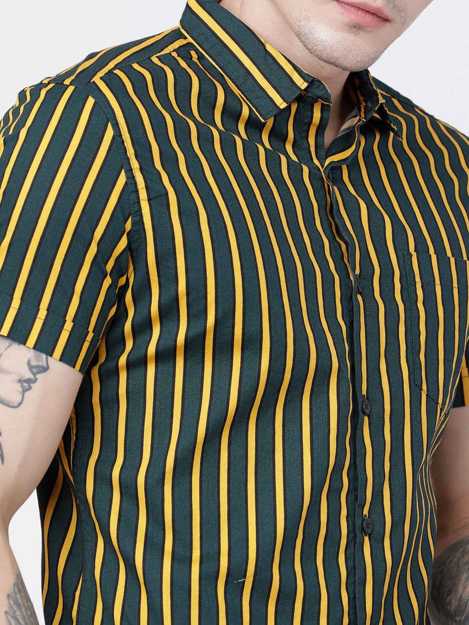 Highlander Men's Vertical Stripes Resort Wear Shirt | Mustard - L