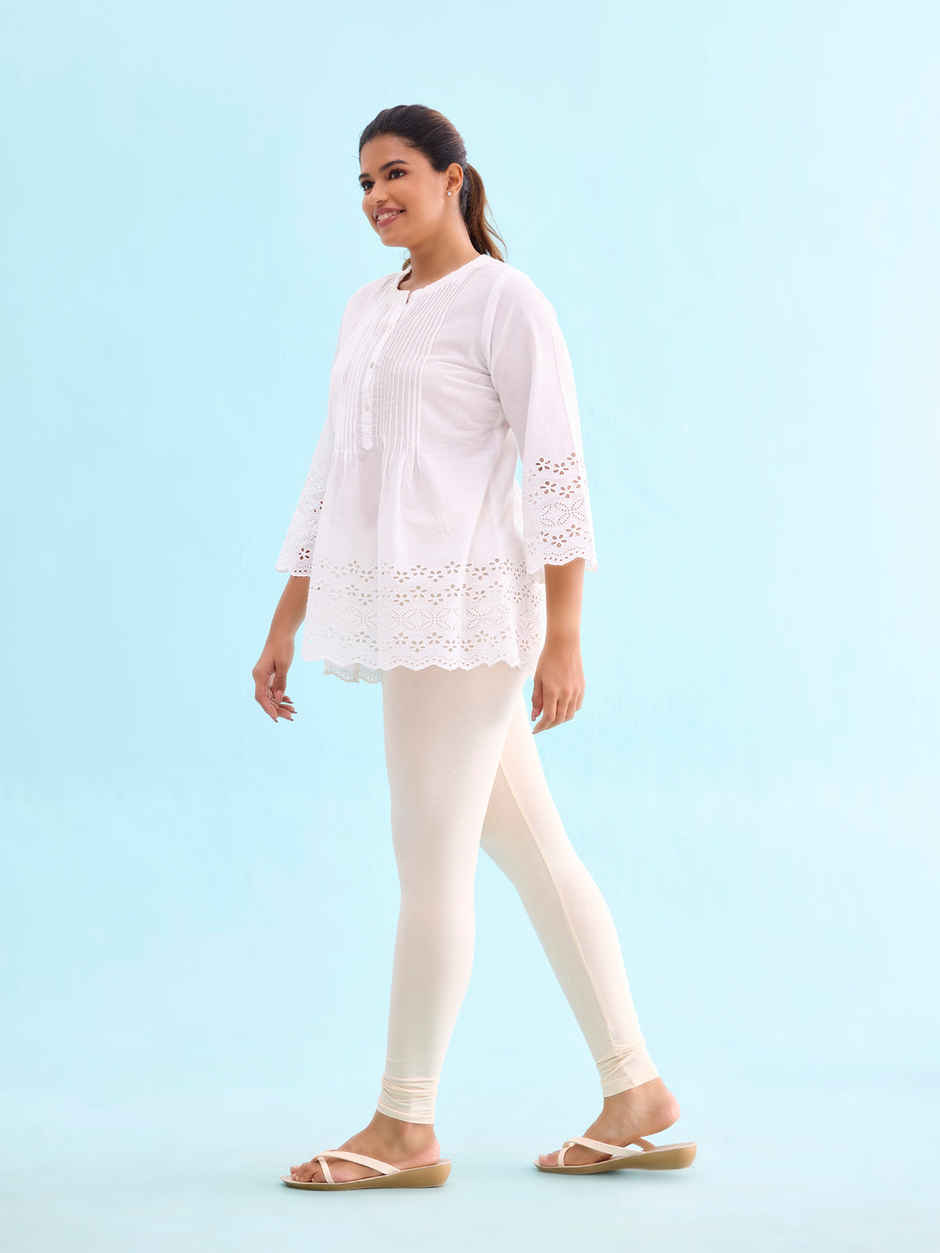 Go Colors Women's Solid Mid Rise Ankle Length Leggings | Ecru - XL