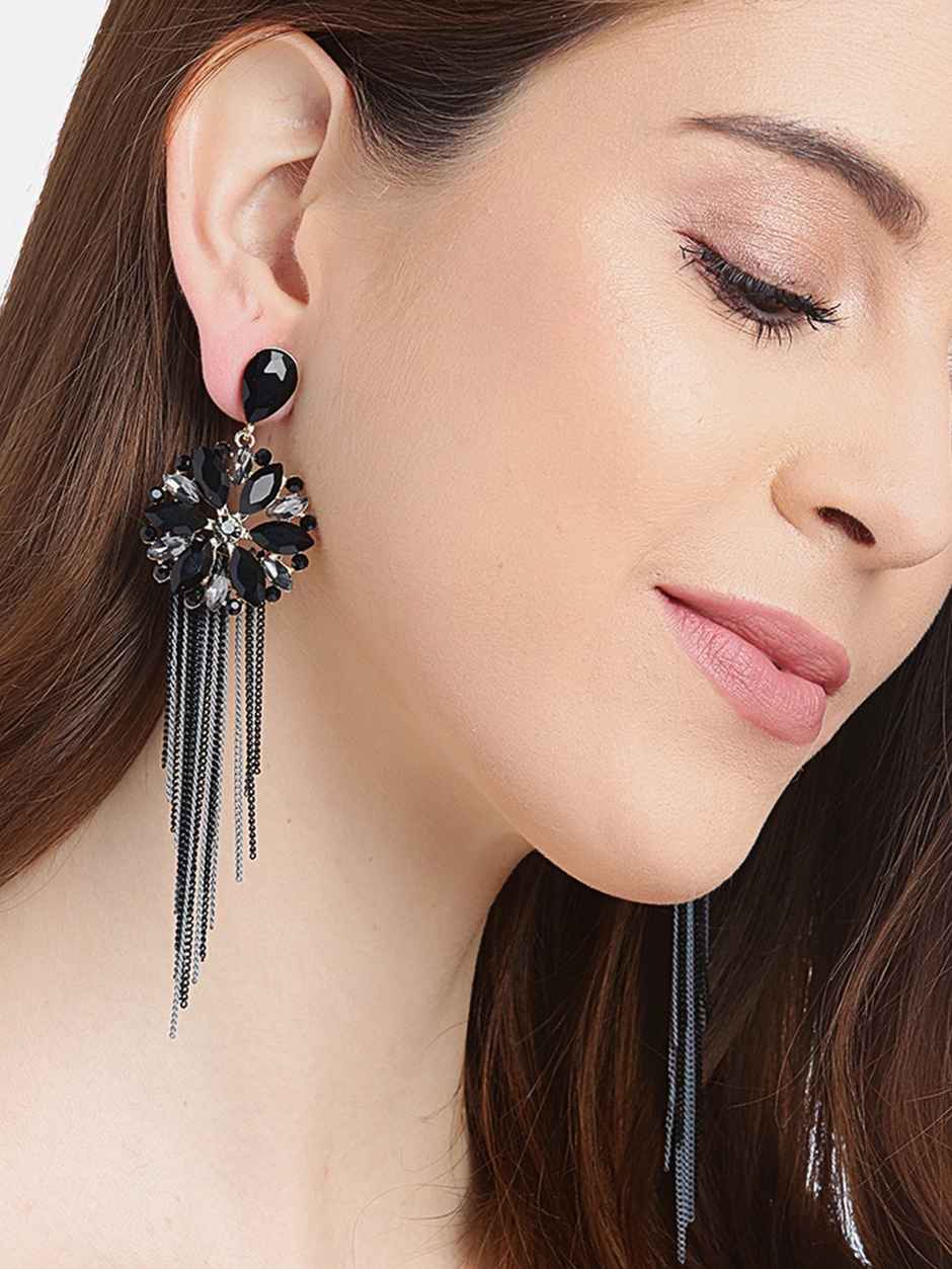 Youbella Crystal Tassel Handmade Earrings For Girls And Women (Black)(Ybear - 32836)