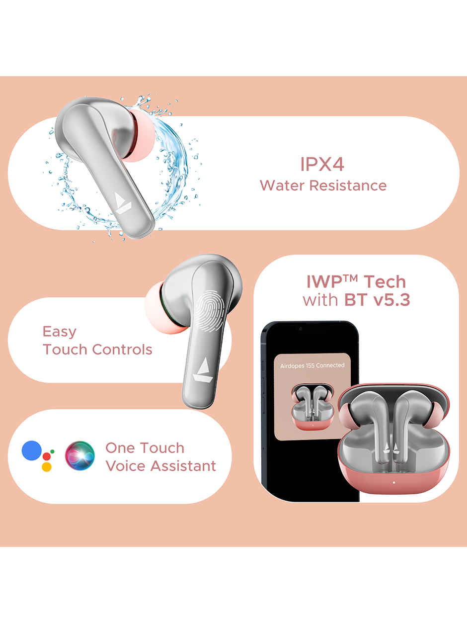 boAt Airdopes 155 w/ 40 hrs Playtime,In-Ear Detection,Quad Mics ENx Tech,ASAP Charge Bluetooth - Hot Rouge