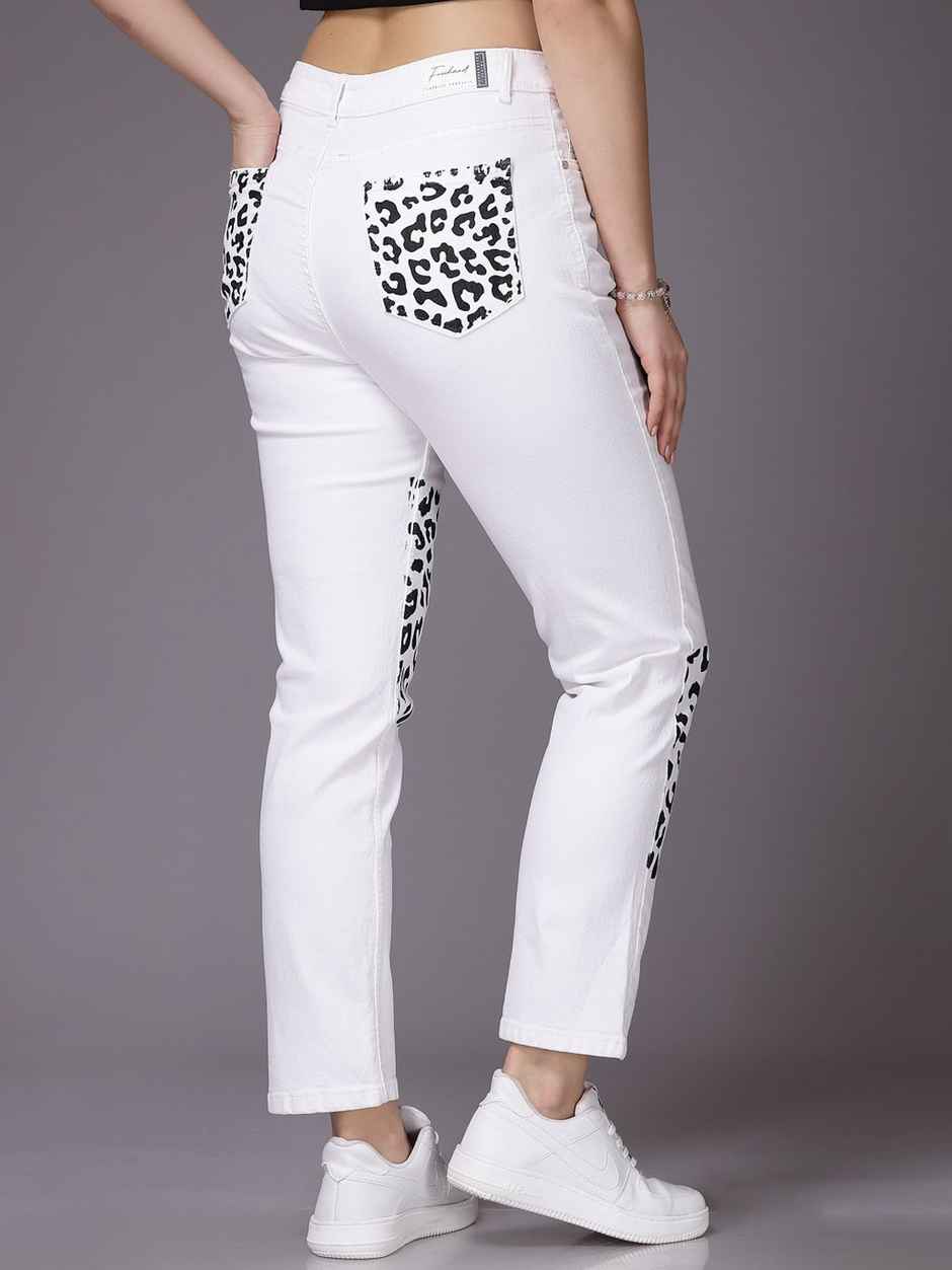 Freehand Women's Printed Straight Fit Denim Jeans | White - 34