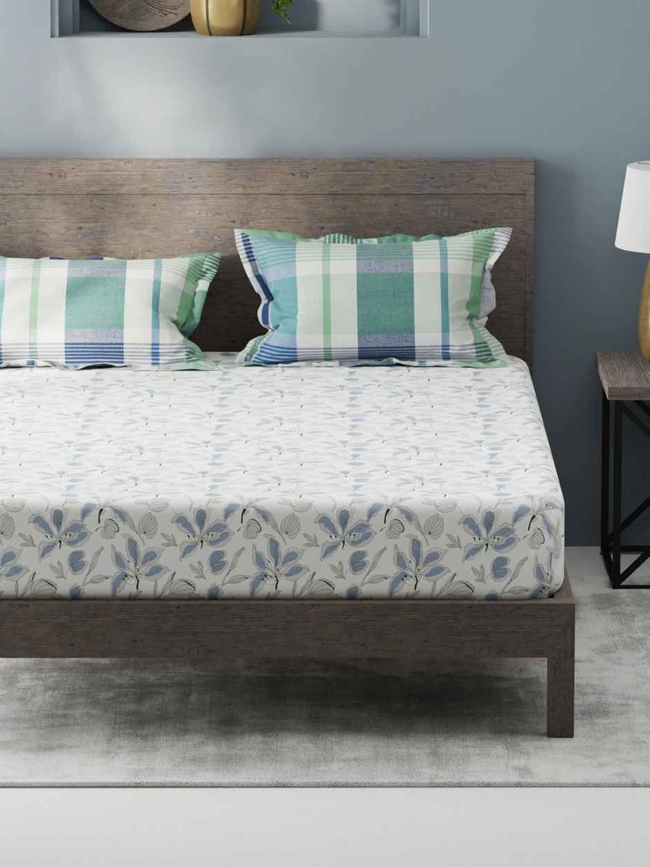 Kopa Bamboo Micro Fitted King Bedsheet 3pc Set with 2 Pillow Covers Floral White/Blue