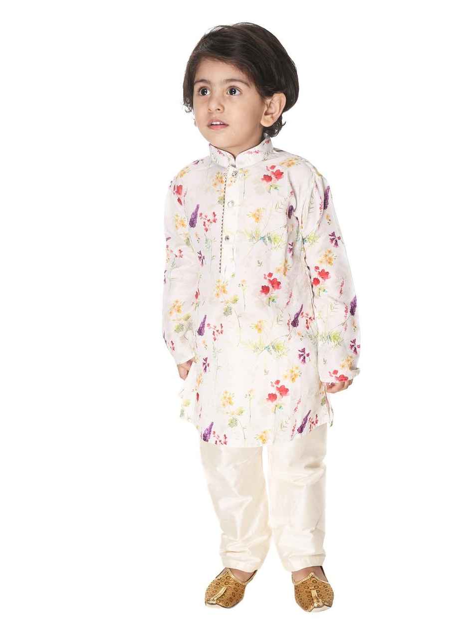 Vastramay Infant 2-3 Years Boys Multicolor-Base-Cream Cotton Blend Kurta Pyjama Set