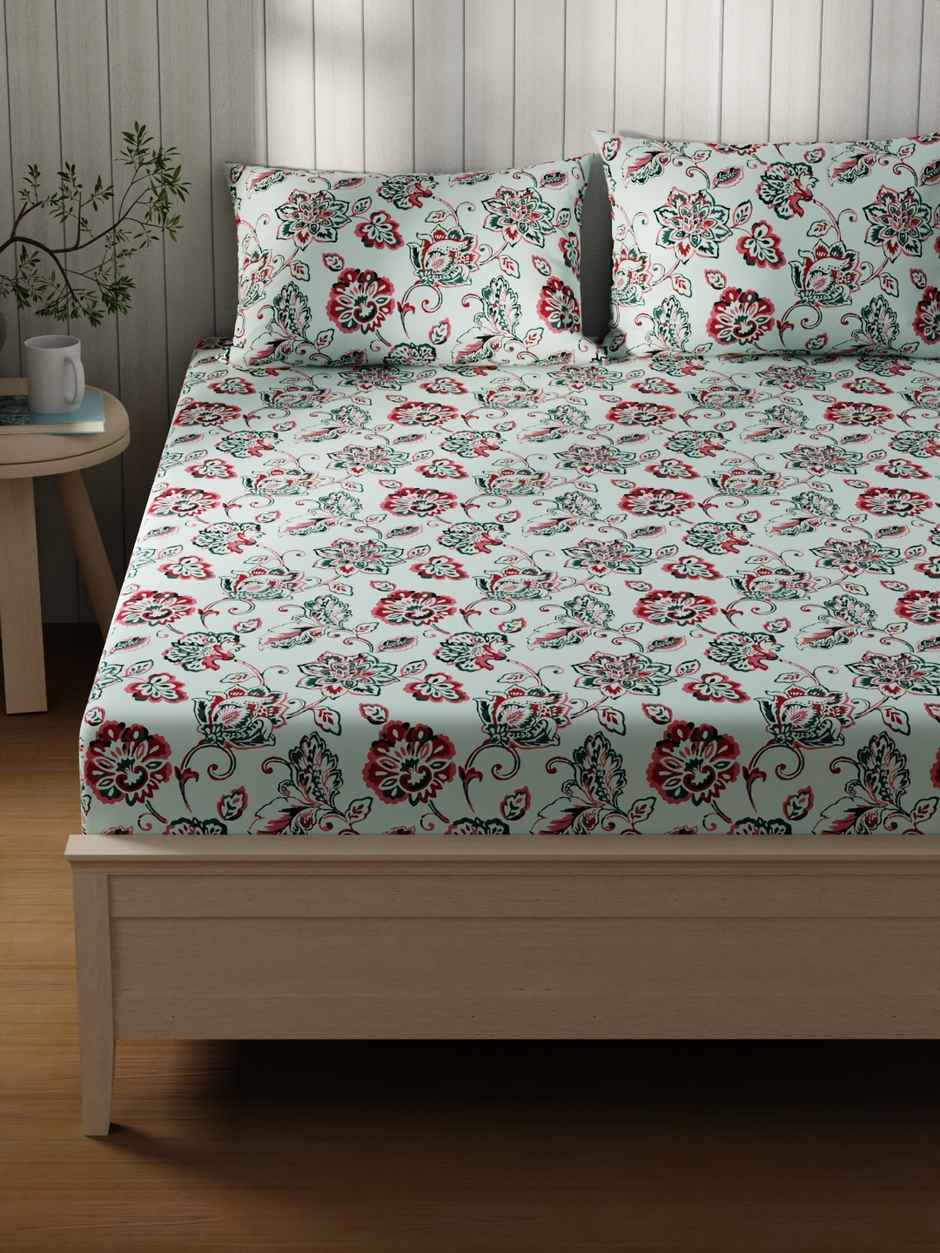 KOPA Extra Smooth Cotton Double Bedsheet With 2 Pillow Covers | Lopez Floral | Blue & Pink