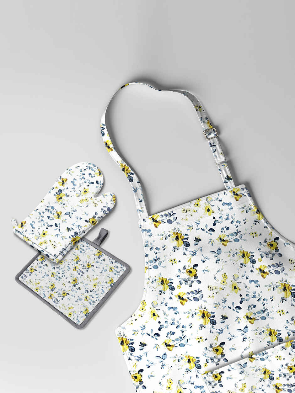 Bianca Premium Printed Cotton Apron, Oven Mitt, Pot Holder Set | Florence Floral | Yellow & Grey