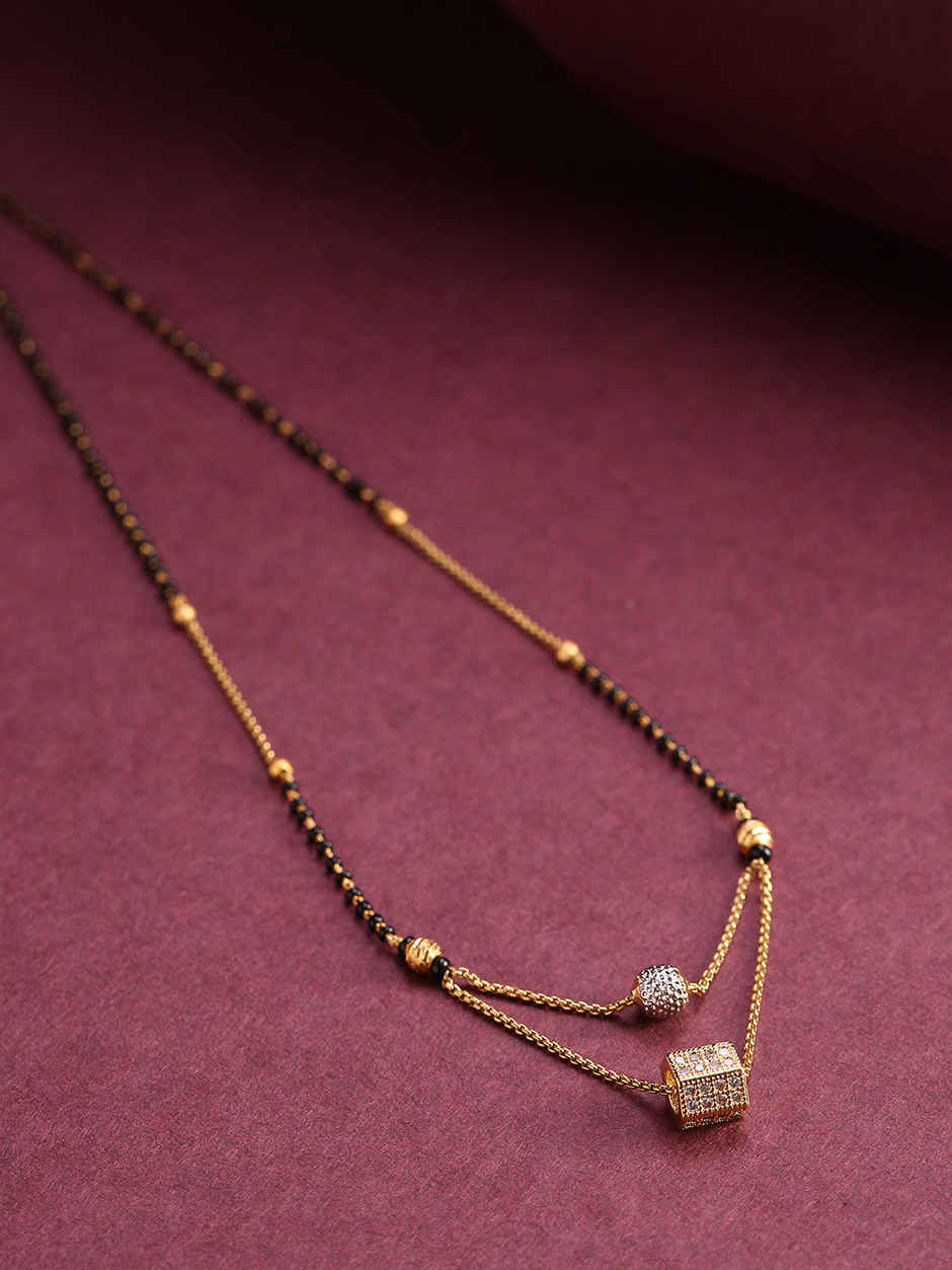 Priyaasi Gold-Plated Ad Studded Geometric Pendant Black Beaded Chain Mangalsutra