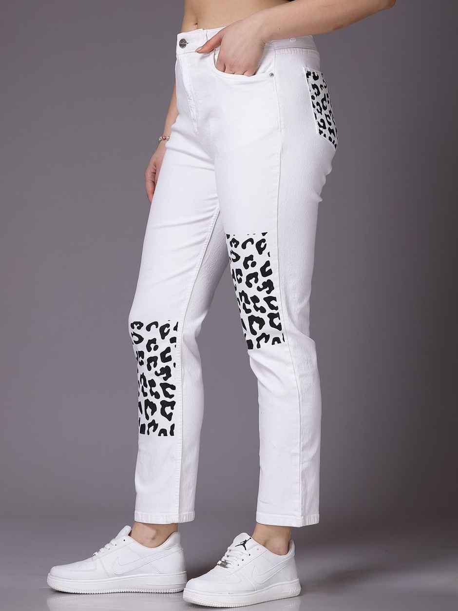 Freehand Women's Printed Straight Fit Denim Jeans | White - 34