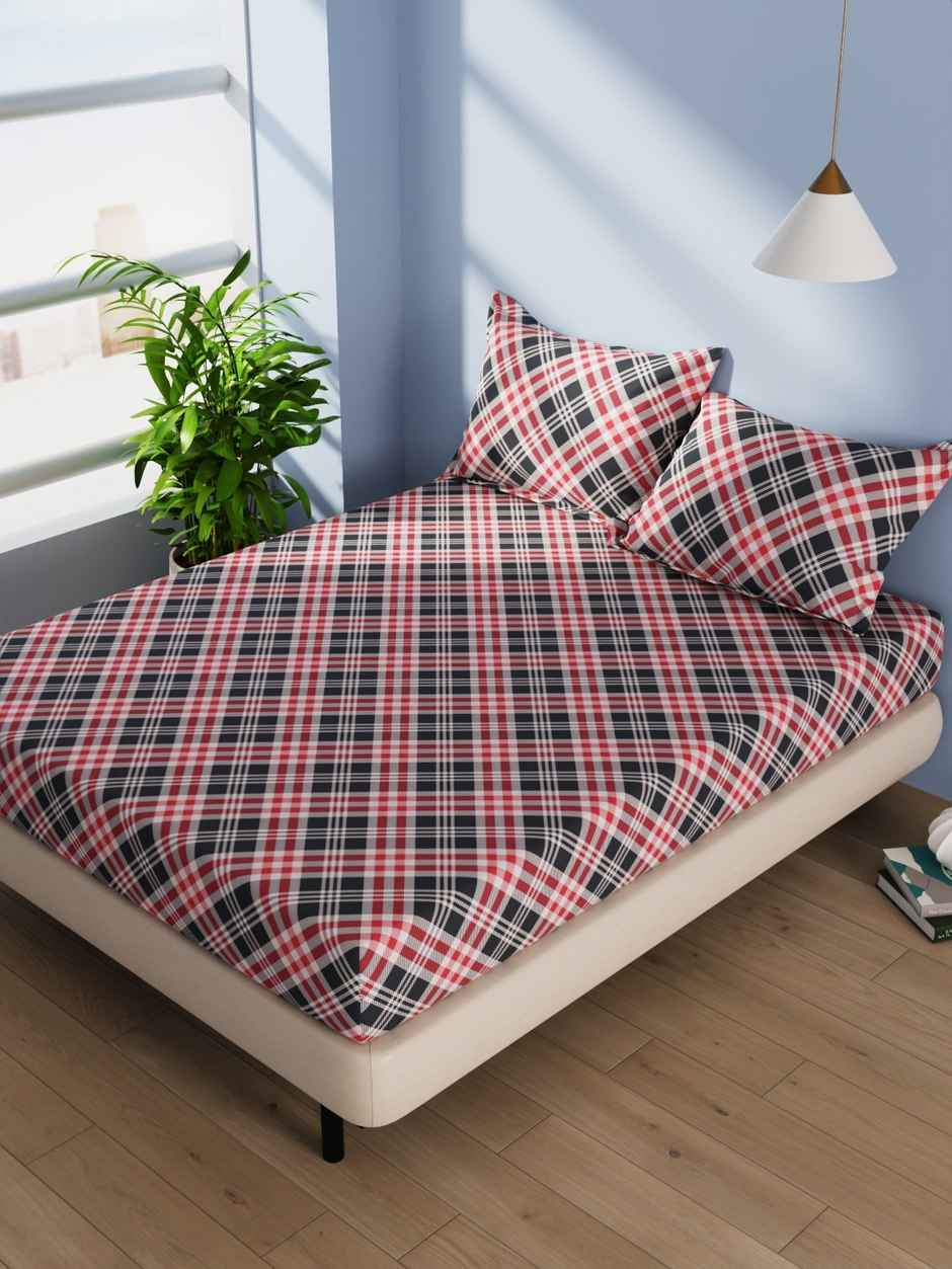 Bianca Cotton Double Bedsheet With 2 Pillow Covers 3pc Set | Serina Checks - Grey/Red