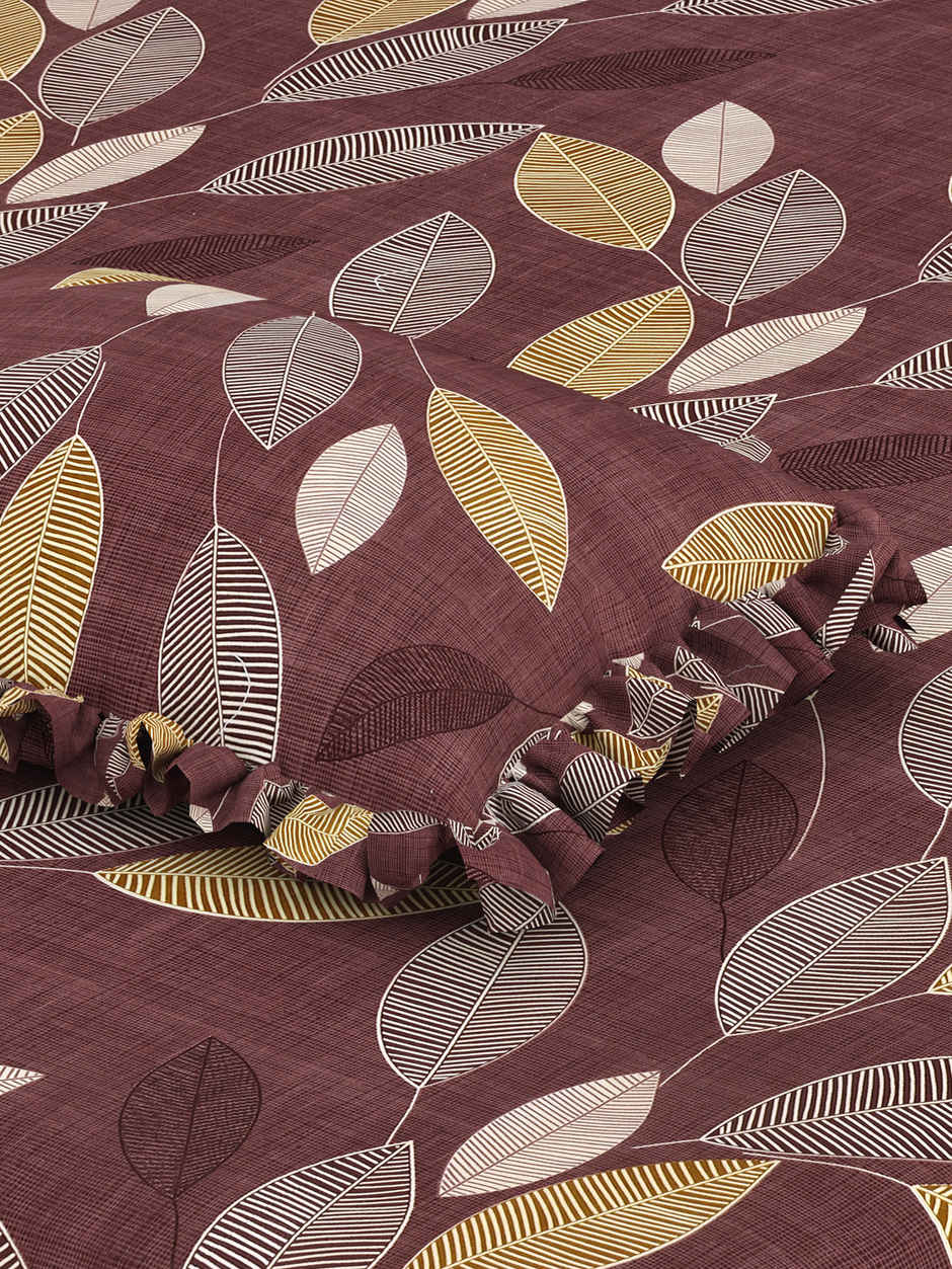 DREAM WEAVERZ Elastic Fitted Double Bedsheet | 2 Frill Pillow Covers | Polycotton | Brownish Purple