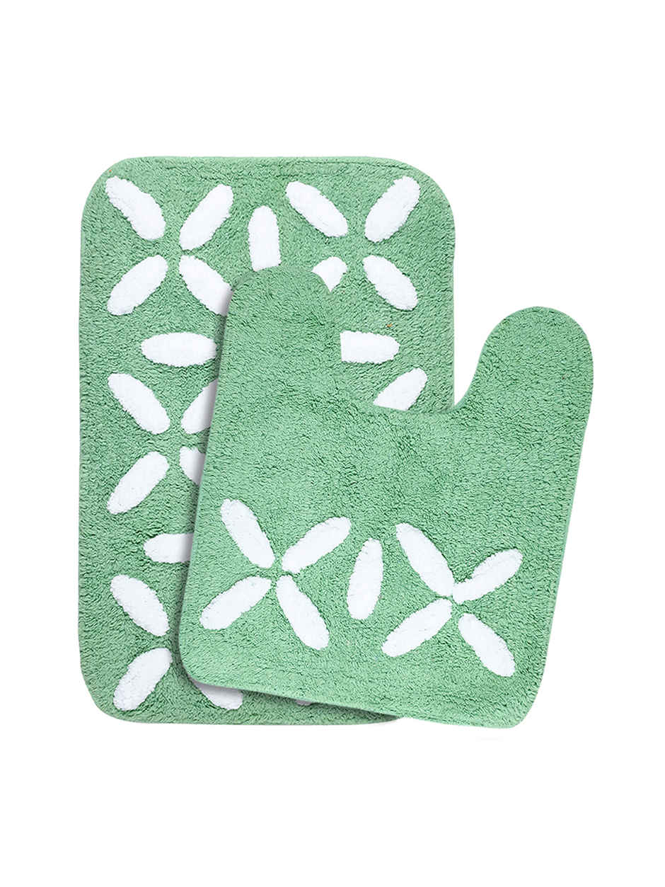 Saral Home Cotton Anti-Slip Bathmat & Contour Set | 40 x 60 & 40 x 45 cm | Green