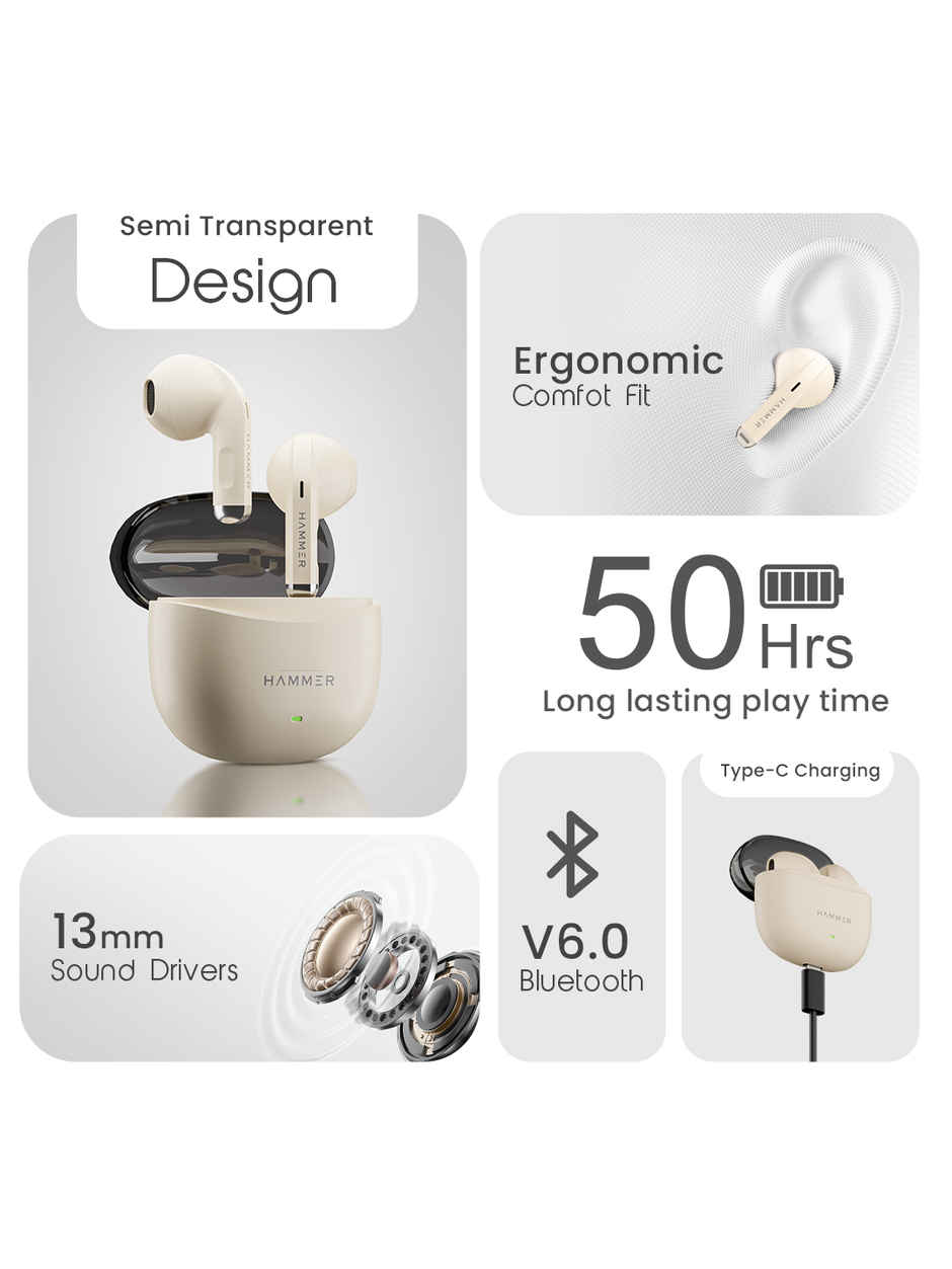 Hammer Ultra Pods True Wireless Earbuds | In-Built Mic | 100H Standby Time | Beige