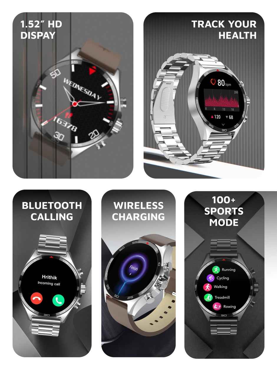 Cult Active TR 1.52"Display, Stainless Steel Build, Wireless Charging, BT Calling Smartwatch (Black)