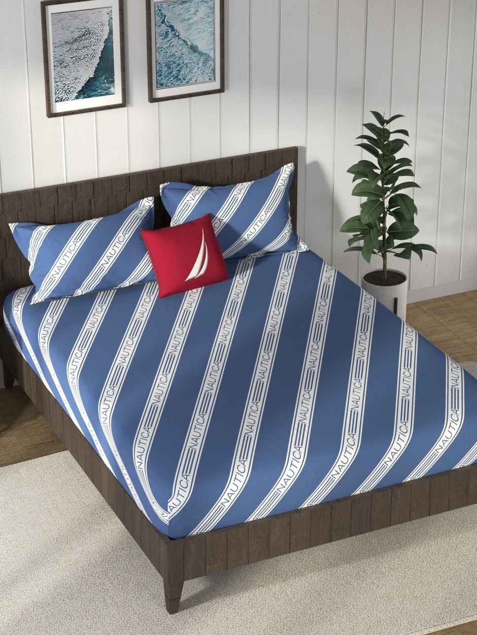 NAUTICA 100% Premium Cotton King Bedsheet With 2 Pillow Covers | Noridge Stripe | Blue