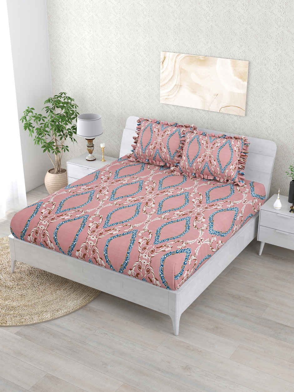 DREAM WEAVERZ Elastic Fitted Double Bedsheet | 2 Frill Pillow Covers | Polycotton | Pink