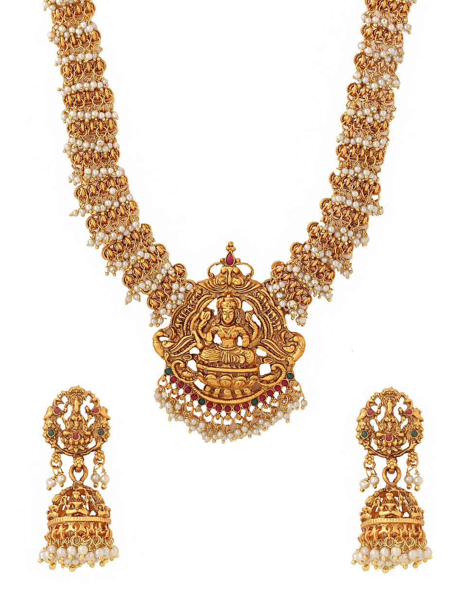Yellow Chimes Women's Temple Choker Necklace Set | Gold Plated Hanging Pearls