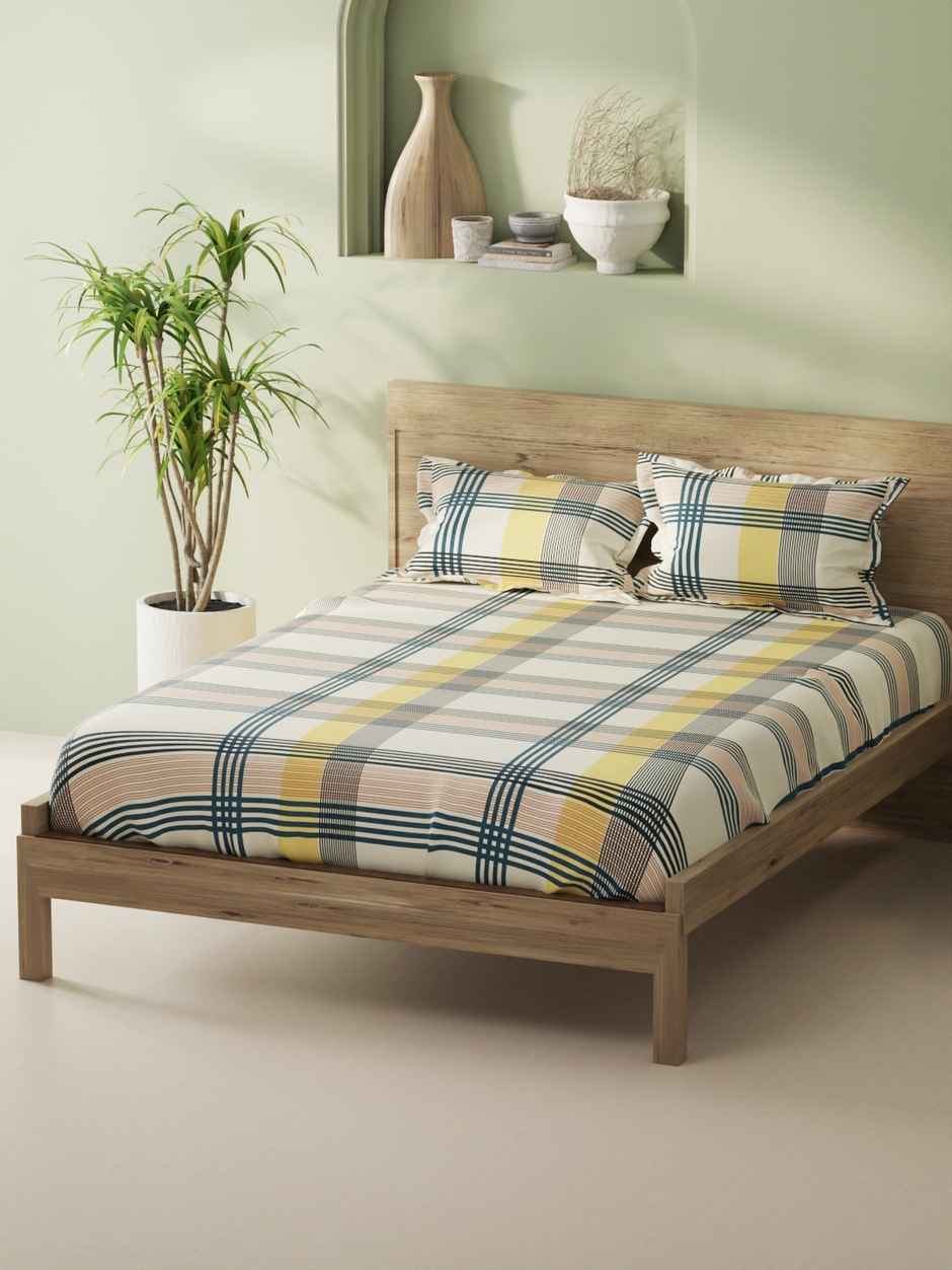 Bianca 100% Natural Cotton XL King Fitted Bedsheet 3pc Set with 2 Pillow Covers Stripe Yellow/Teal