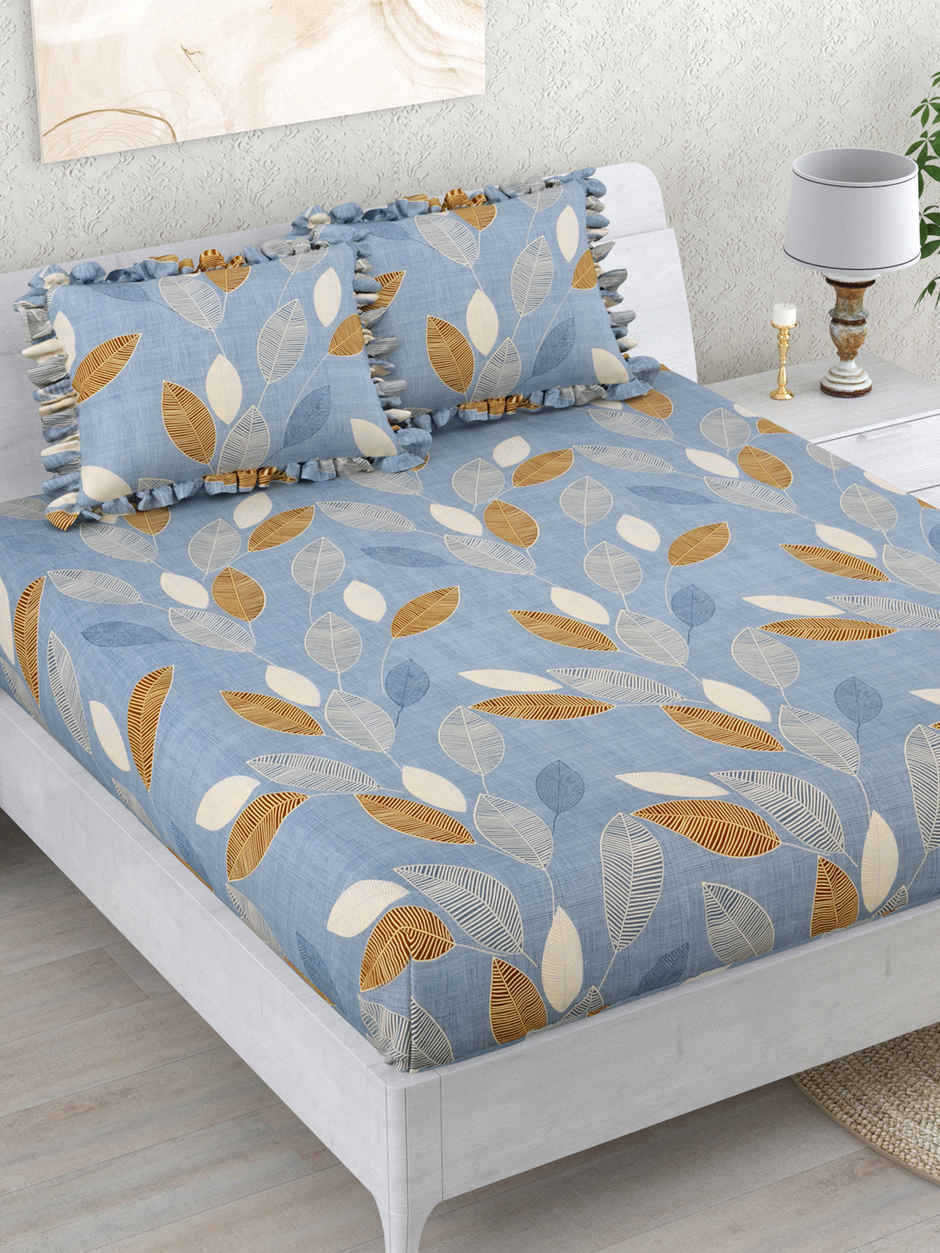DREAM WEAVERZ Elastic Fitted Double Bedsheet | 2 Frill Pillow Covers | Polycotton | Rock Blue