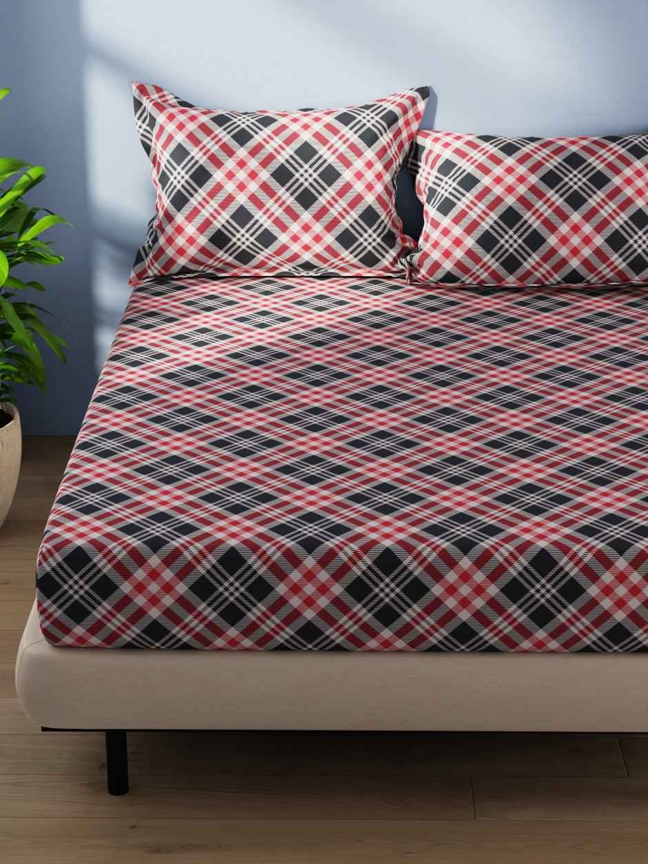 Bianca Cotton Double Bedsheet With 2 Pillow Covers 3pc Set | Serina Checks - Grey/Red