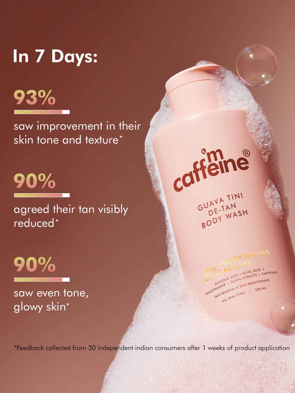 Mcaffeine Detan Body Wash | 1% Glycolic 5% Niacinamide-Kojic Acid Reduce Dark Spots (300ml) & Mcaffeine By The Blues Brightening Perfume Body Lotion 5% Niacinamide- Longlasting Aquatic Scent (300ml) Combo