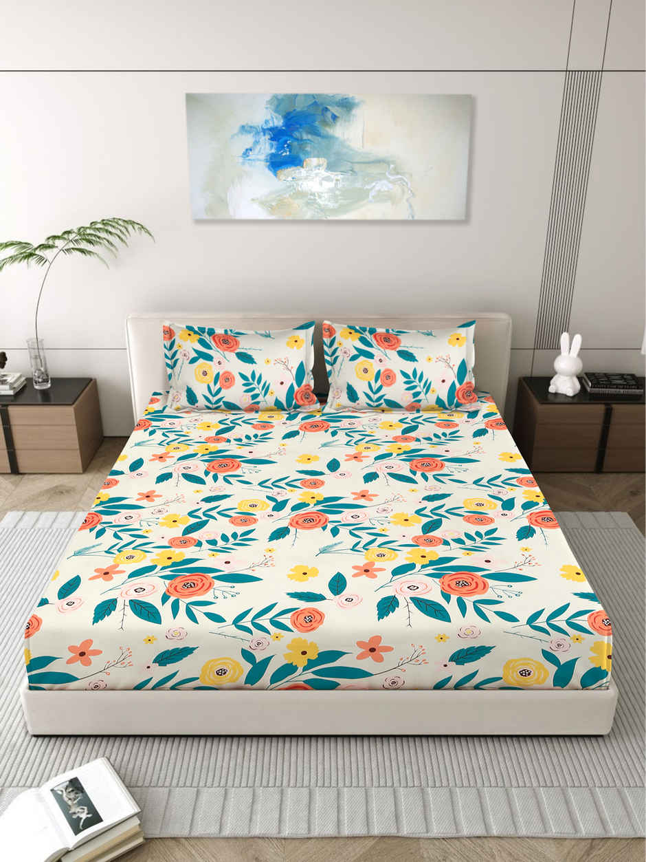 Status Imperial Corner Fitted Bedsheet | Coral Bloom & Teal | 198 x 182 cm