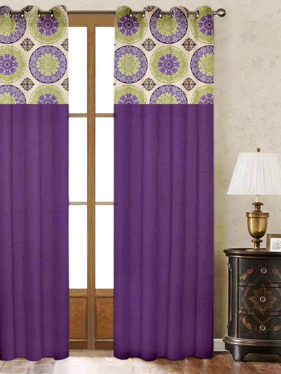 Lushomes Cotton Door Curtain - Bold Purple Printed | 8 Eyelets & Printed Tiebacks | 54 x 90 inch