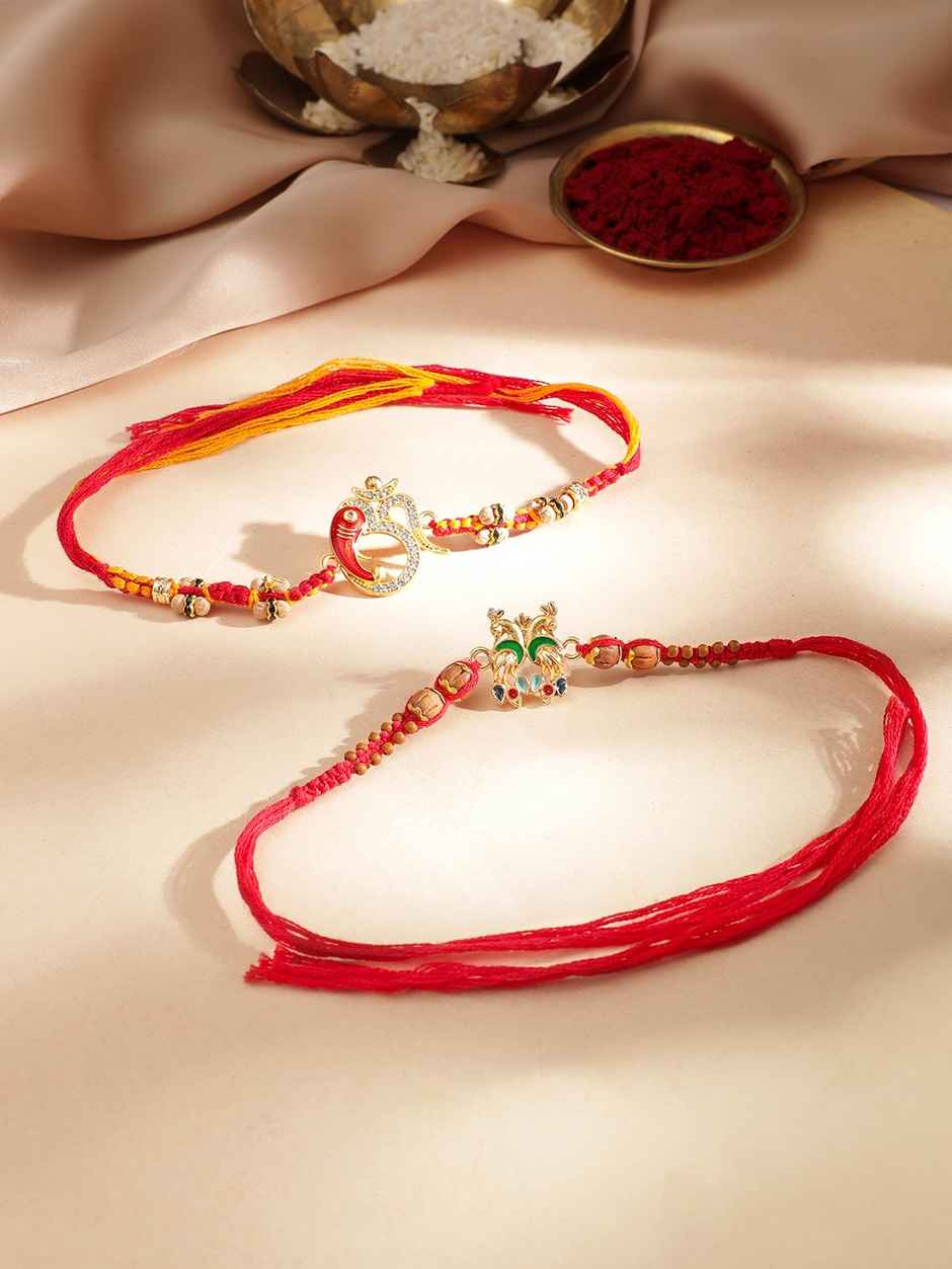 Rubans Gold Toned Set Of 2 Peacock And Om Motif Stone Studded Rakhi