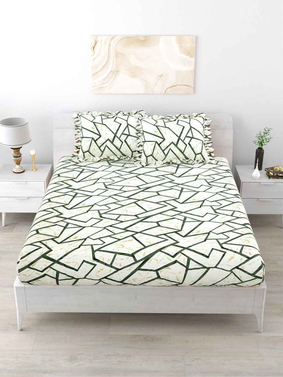 DREAM WEAVERZ Elastic Fitted Double Bedsheet | 2 Frill Pillow Covers | Polycotton | Cream Yellow