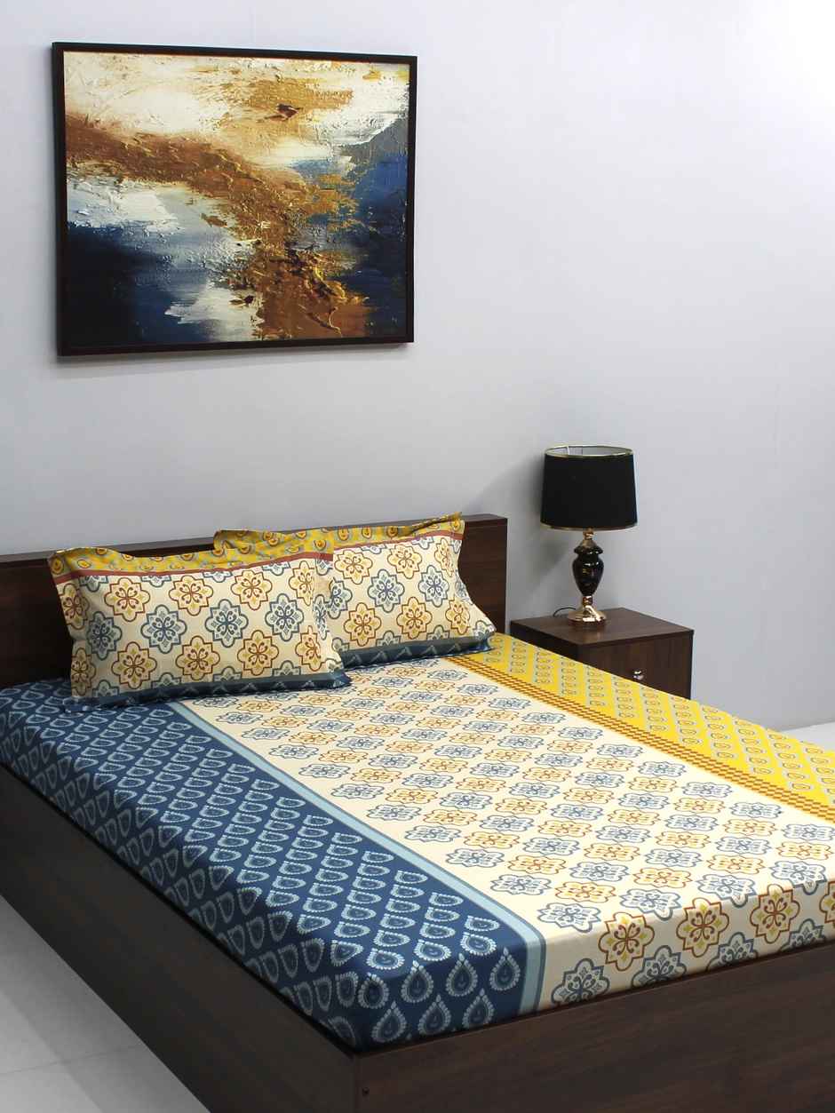 Bombay Dyeing Ivyrose 110 Tc 100% Cotton Queen Bedsheet With 2 Pillow Covers - Yellow Grey