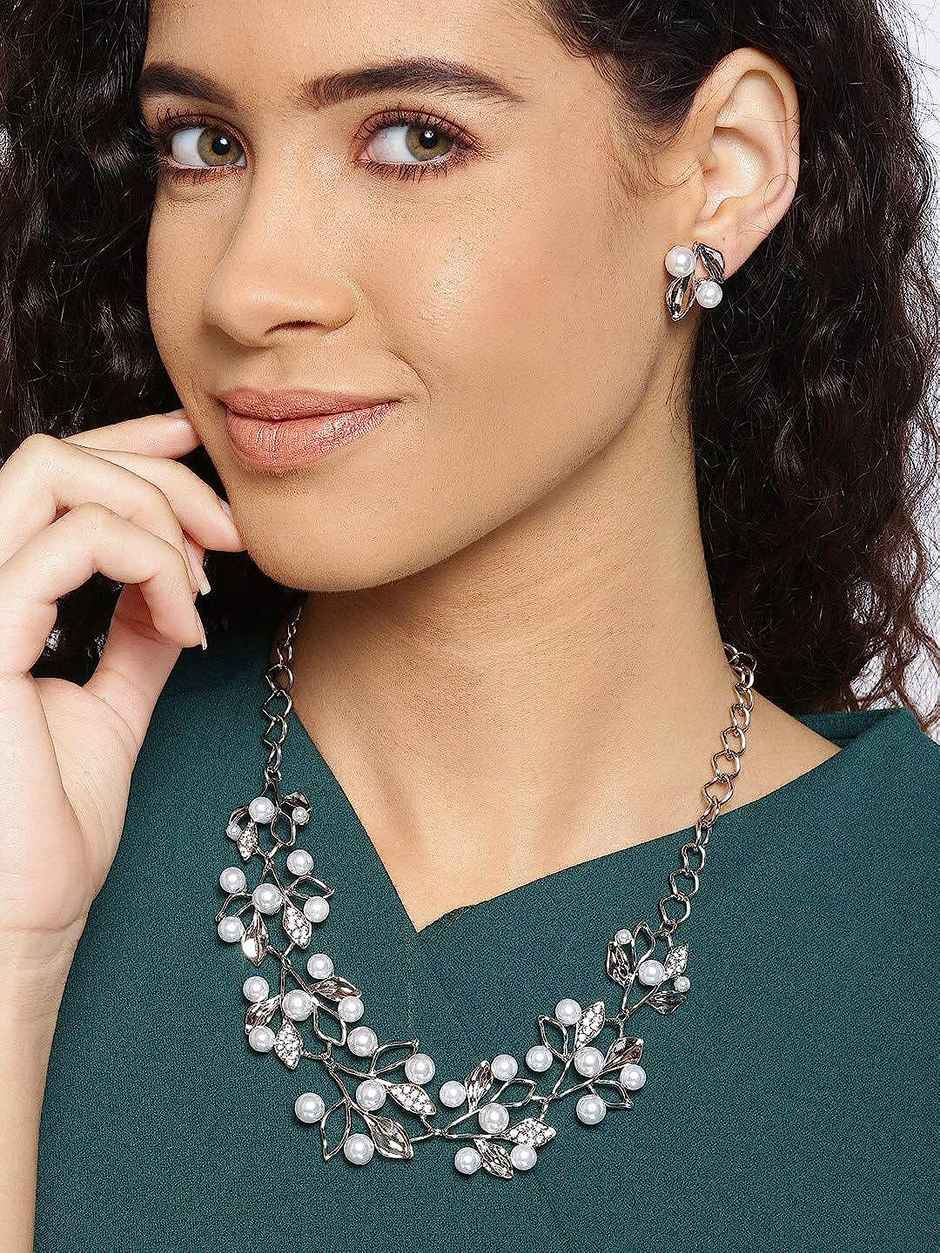 YouBella Silver Plated Pearl Studded Necklace with Earrings for Girls/Women (YBNK - 5677)