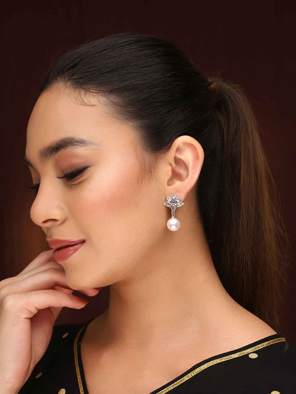 Priyaasi Silver oxidised stone studded drop earring for women