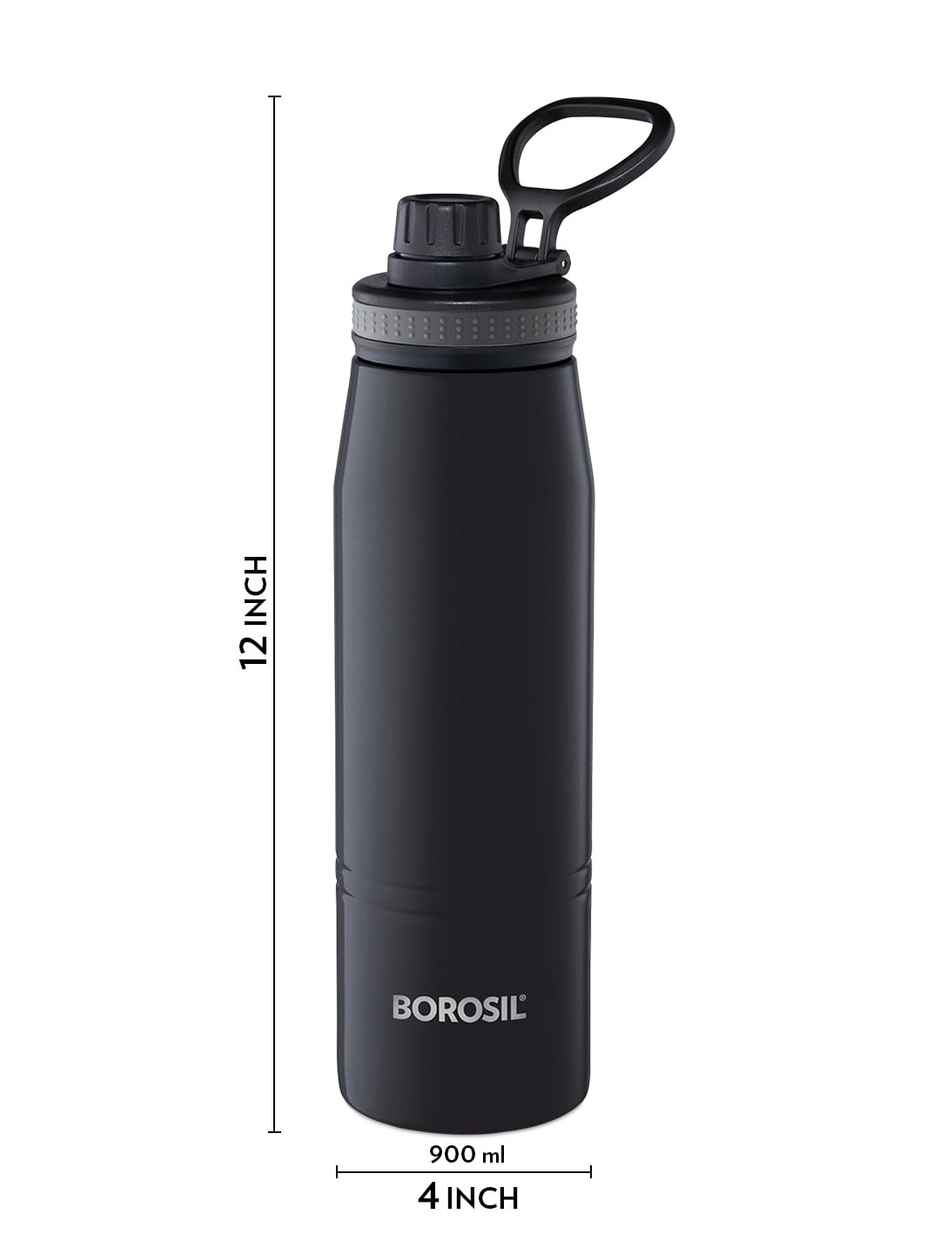 Borosil GoSports Stainless Steel Wate Bottle - 900 ml | Black | Double Wall Vacuum Insulated Flask